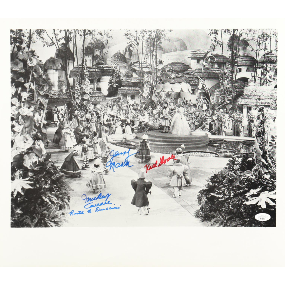 "The Wizard of Oz" 16x18.5 Photo Cast-Signed By (4) with Mickey Carroll, Jerry Maren, Karl Slover & Ruth Duccini (JSA) at PristineAuction.com