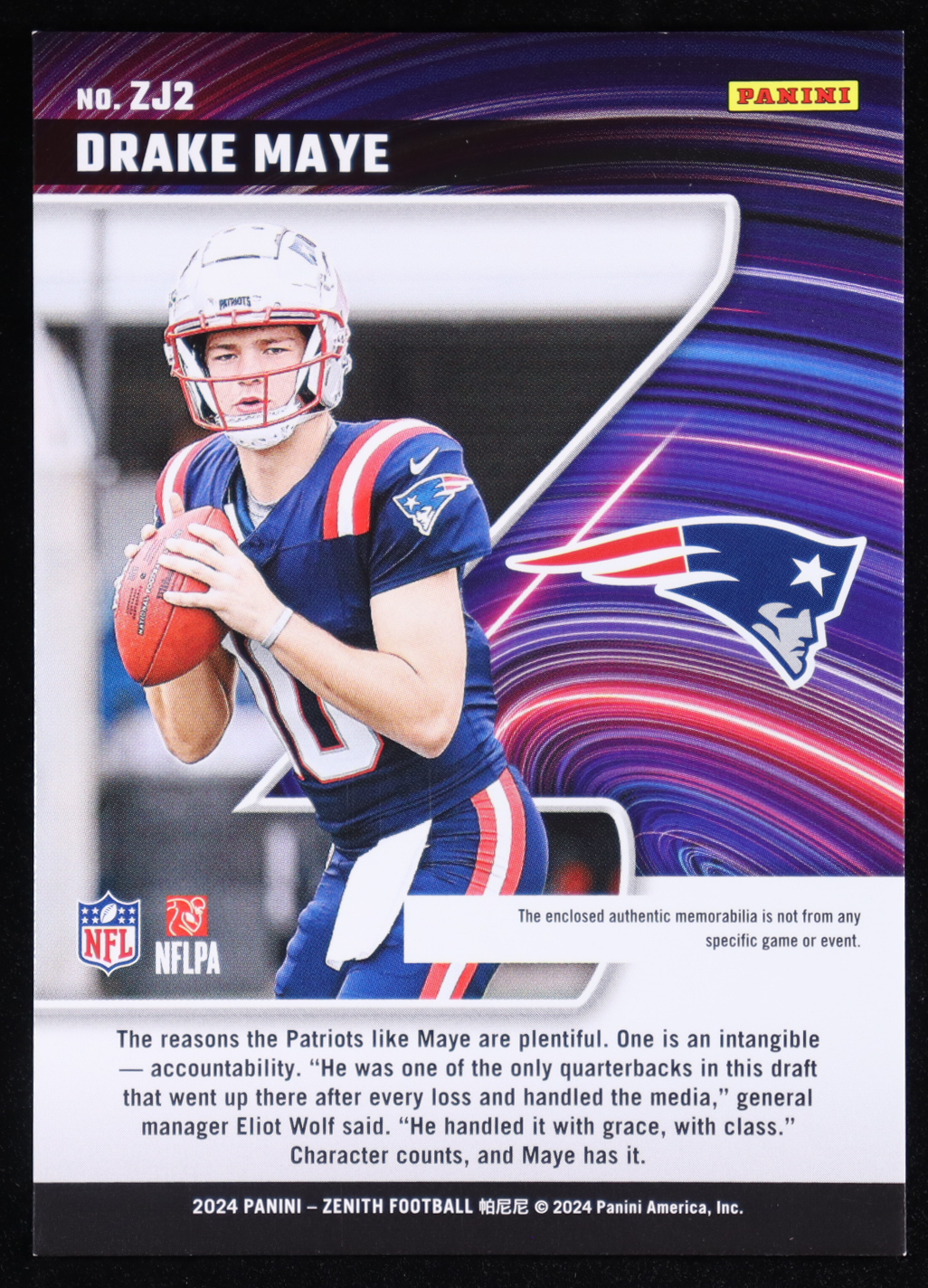 Drake Maye 2024 Zenith Z Jersey #2 RC at PristineAuction.com Drake Maye 2024 Zenith Z Jersey #2 RC at PristineAuction.com