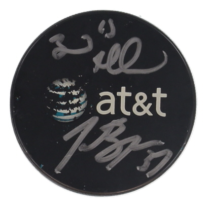 Patrice Bergeron, Brad Marchand Signed AT&T Logo Hockey Official Warm-Up Puck (Bergeron & Marchand) at PristineAuction.com Patrice Bergeron, Brad Marchand Signed AT&T Logo Hockey Official Warm-Up Puck (Bergeron & Marchand) at PristineAuction.com