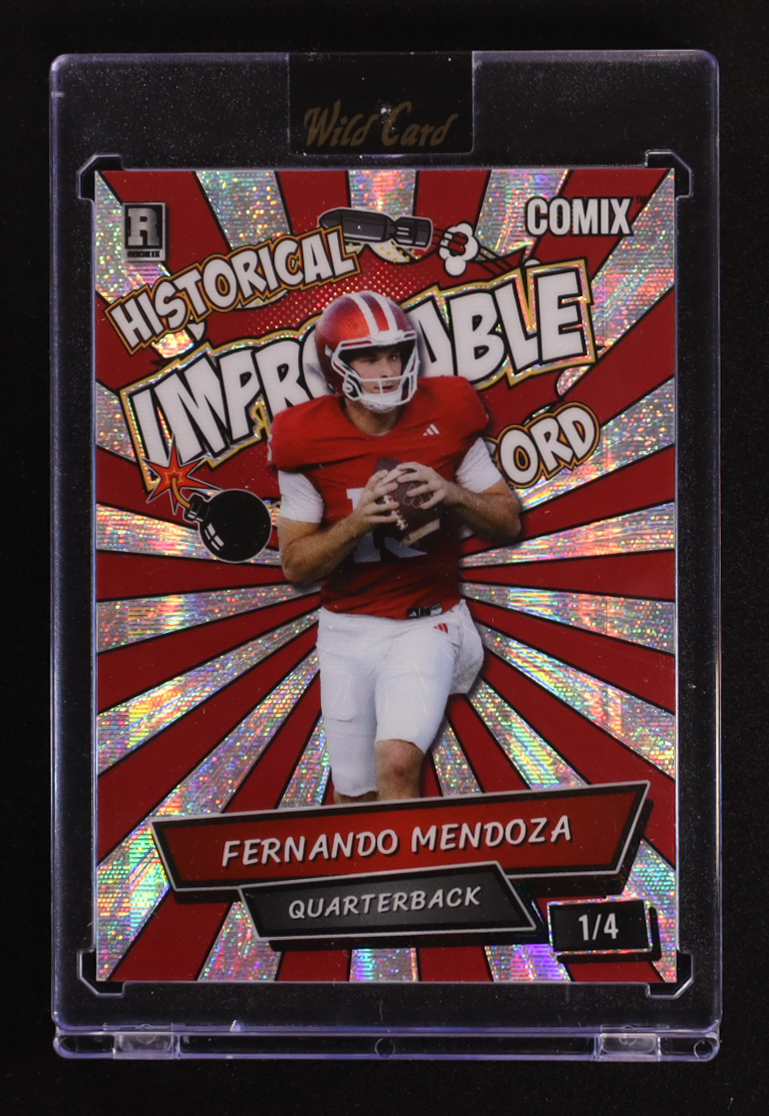 Fernando Mendoza 2025 Wild Card Comix Improbable Wave Silver #FM01 #1/4 RC at PristineAuction.com Fernando Mendoza 2025 Wild Card Comix Improbable Wave Silver #FM01 #1/4 RC at PristineAuction.com