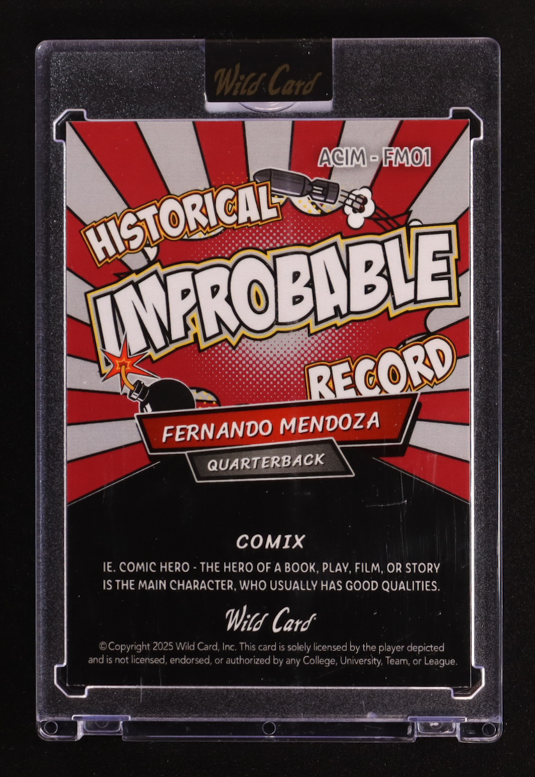 Fernando Mendoza 2025 Wild Card Comix Improbable Wave Silver #FM01 #1/4 RC at PristineAuction.com Fernando Mendoza 2025 Wild Card Comix Improbable Wave Silver #FM01 #1/4 RC at PristineAuction.com