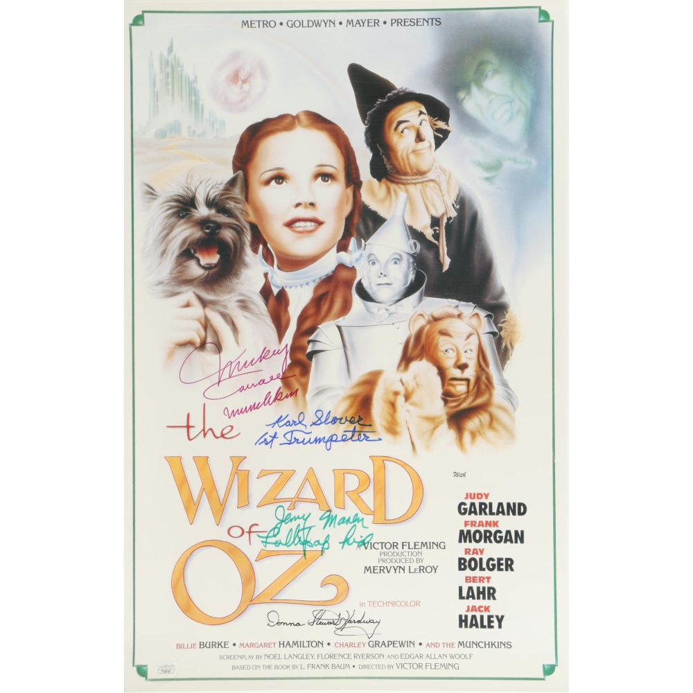 "The Wizard of Oz" 16x24 Poster Cast-Signed & Inscribed By (4) with Mickey Carroll, Jerry Maren, Karl Slover & Donna Stewart Hardway (JSA) at PristineAuction.com