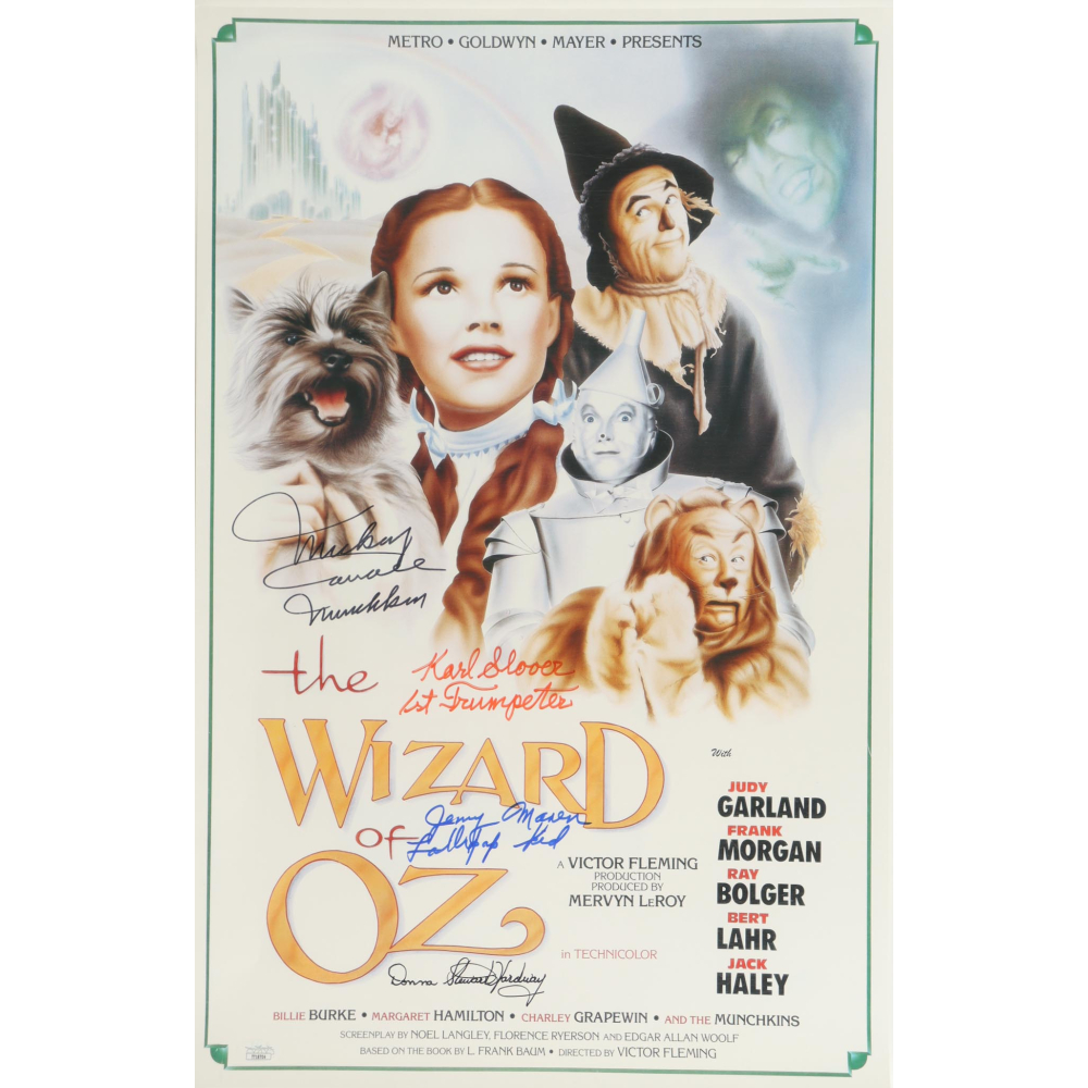"The Wizard of Oz" 16x24 Poster Cast-Signed & Inscribed By (4) with Mickey Carroll, Jerry Maren, Karl Slover & Donna Stewart Hardway (JSA) at PristineAuction.com