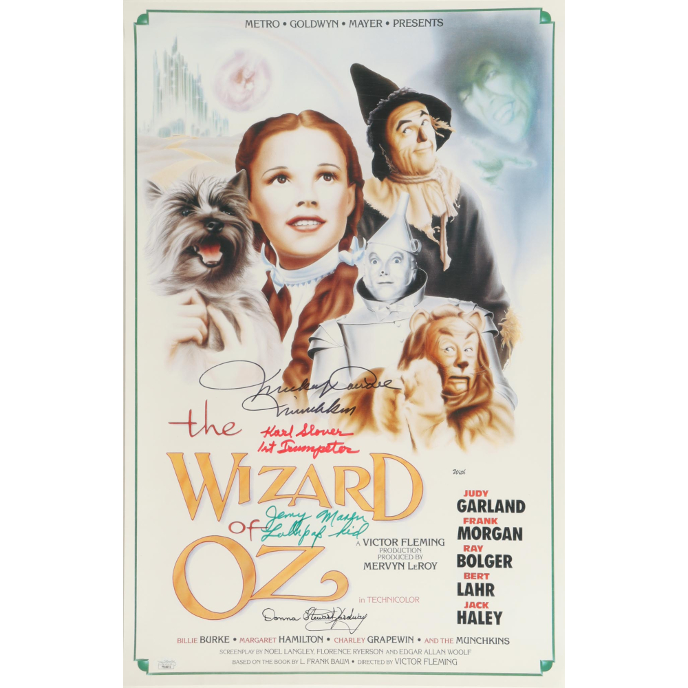 "The Wizard of Oz" 16x24 Poster Cast-Signed & Inscribed By (4) with Mickey Carroll, Jerry Maren, Karl Slover & Donna Stewart Hardway (JSA) at PristineAuction.com