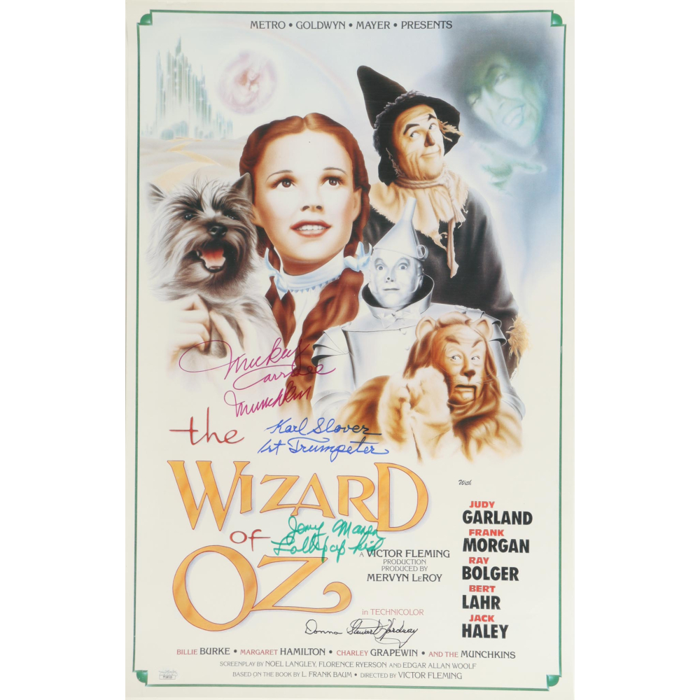 "The Wizard of Oz" 16x24 Poster Cast-Signed & Inscribed By (4) with Mickey Carroll, Jerry Maren, Karl Slover & Donna Stewart Hardway (JSA) at PristineAuction.com