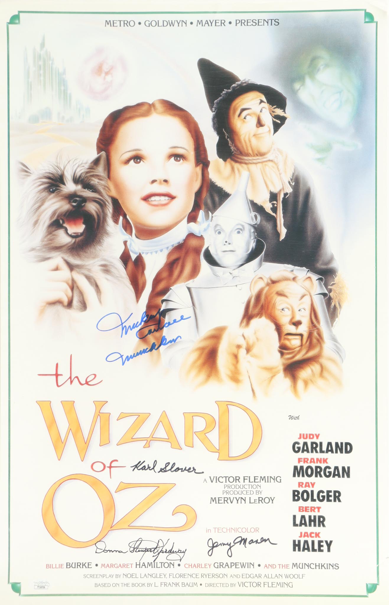"The Wizard of Oz" 16x24 Poster Cast-Signed & Inscribed By (4) with Mickey Carroll, Jerry Maren, Karl Slover & Donna Stewart Hardway (JSA) at PristineAuction.com "The Wizard of Oz" 16x24 Poster Cast-Signed & Inscribed By (4) with Mickey Carroll, Jerry Maren, Karl Slover & Donna Stewart Hardway (JSA) at PristineAuction.com