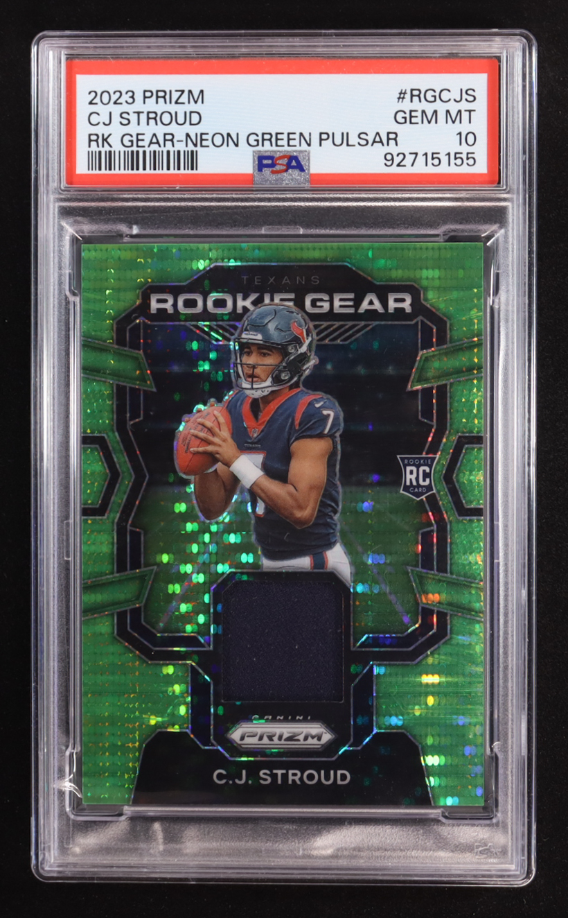 CJ Stroud 2023 Panini Prizm Rookie Gear Prizms Neon Green Pulsar #2 RC (PSA 10) at PristineAuction.com CJ Stroud 2023 Panini Prizm Rookie Gear Prizms Neon Green Pulsar #2 RC (PSA 10) at PristineAuction.com
