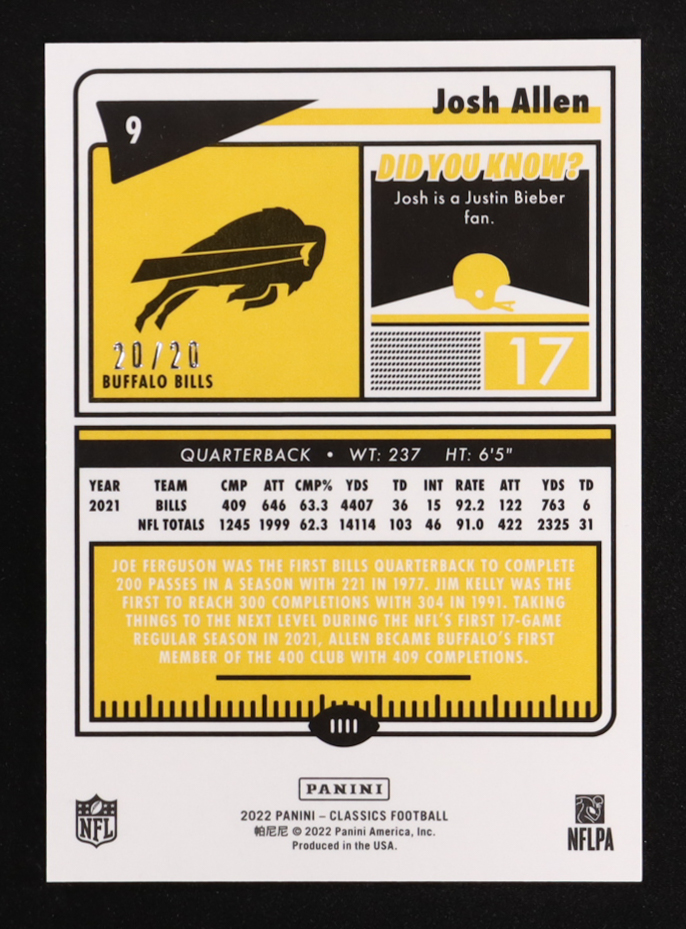 Josh Allen 2022 Classics Premium Edition Timeless Tributes Green #9 #20/20 at PristineAuction.com Josh Allen 2022 Classics Premium Edition Timeless Tributes Green #9 #20/20 at PristineAuction.com