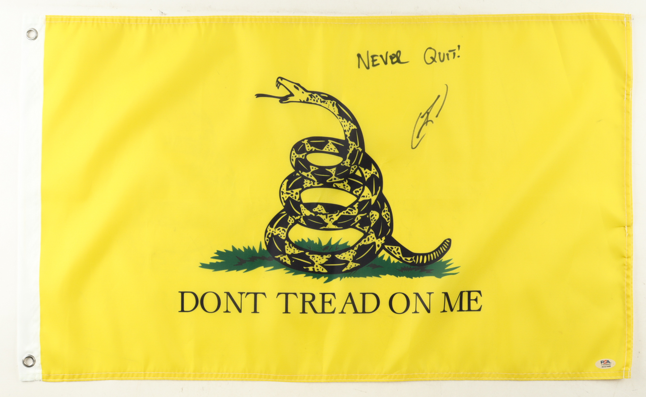 Robert O'Neill Signed 18x30 "Don't Tread On Me" Flag Inscribed "Never Quit!" (PSA) at PristineAuction.com Robert O'Neill Signed 18x30 "Don't Tread On Me" Flag Inscribed "Never Quit!" (PSA) at PristineAuction.com