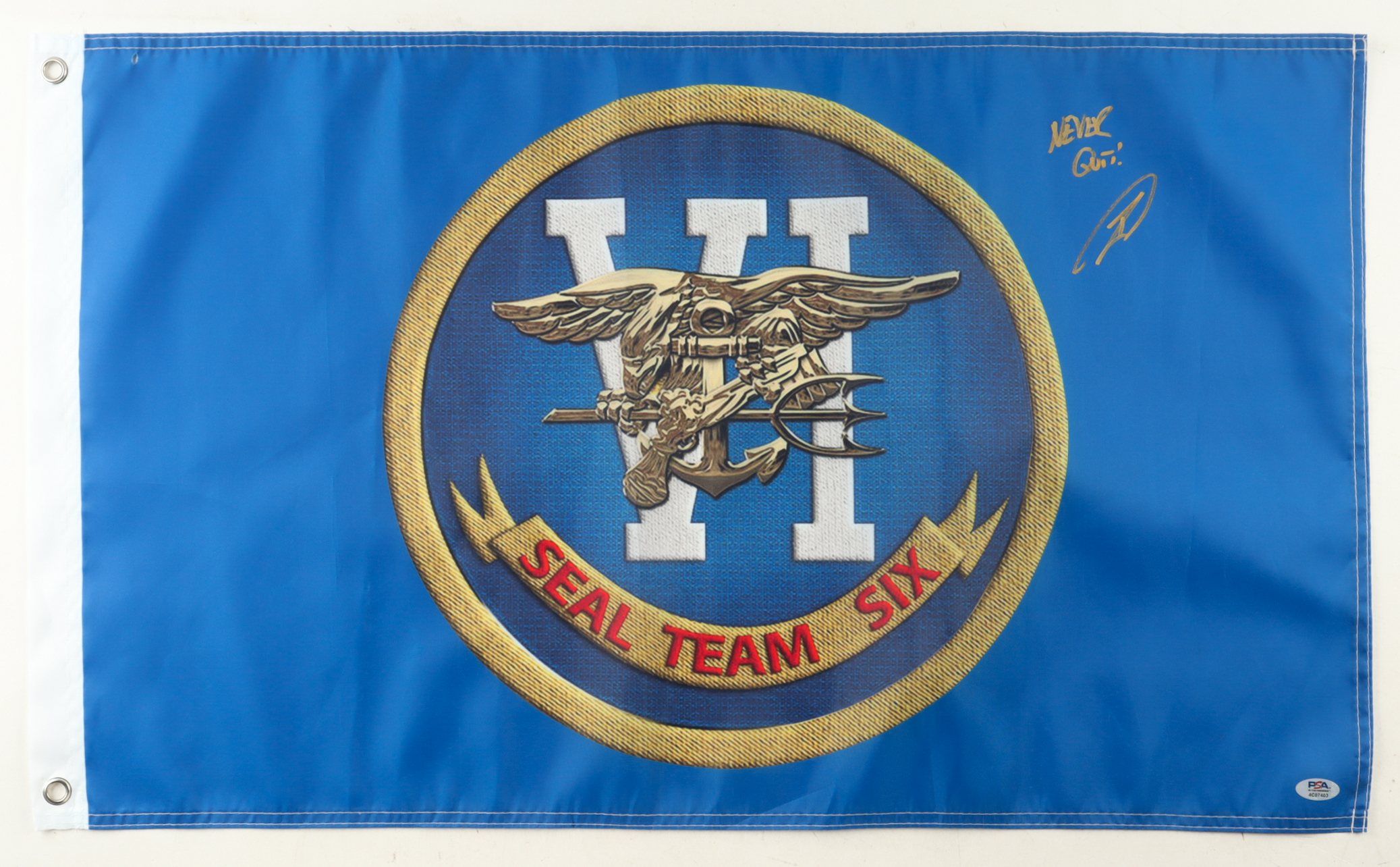 Robert O'Neill Signed 18x30 "Seal Team 6" Flag Inscribed "Never Quit!" (PSA) at PristineAuction.com Robert O'Neill Signed 18x30 "Seal Team 6" Flag Inscribed "Never Quit!" (PSA) at PristineAuction.com