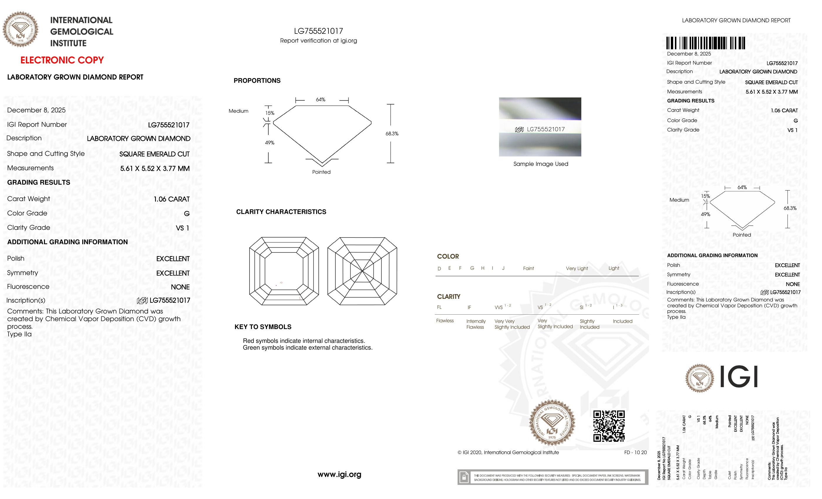 1.06 Carats Lab Grown Diamond Loose G, VS1 | IGI Cert at PristineAuction.com 1.06 Carats Lab Grown Diamond Loose G, VS1 | IGI Cert at PristineAuction.com