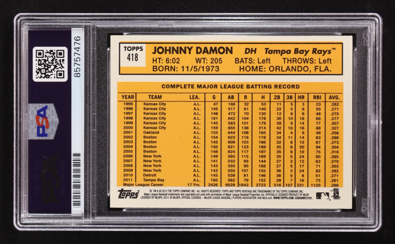Johnny Damon Signed 2012 Topps Heritage #418 (PSA) at PristineAuction.com Johnny Damon Signed 2012 Topps Heritage #418 (PSA) at PristineAuction.com