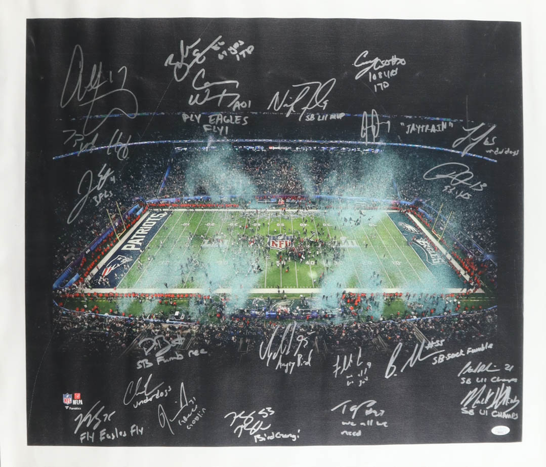 2017 Philadelphia Eagles Super Bowl LII Champions Custom Canvas Display Signed by (20) with Nick Foles, Carl Wentz, A Jeffery, Jake Elliott (JSA) at PristineAuction.com 2017 Philadelphia Eagles Super Bowl LII Champions Custom Canvas Display Signed by (20) with Nick Foles, Carl Wentz, A Jeffery, Jake Elliott (JSA) at PristineAuction.com