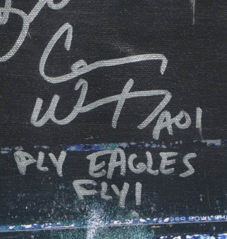 2017 Philadelphia Eagles Super Bowl LII Champions Custom Canvas Display Signed by (20) with Nick Foles, Carl Wentz, A Jeffery, Jake Elliott (JSA) at PristineAuction.com 2017 Philadelphia Eagles Super Bowl LII Champions Custom Canvas Display Signed by (20) with Nick Foles, Carl Wentz, A Jeffery, Jake Elliott (JSA) at PristineAuction.com
