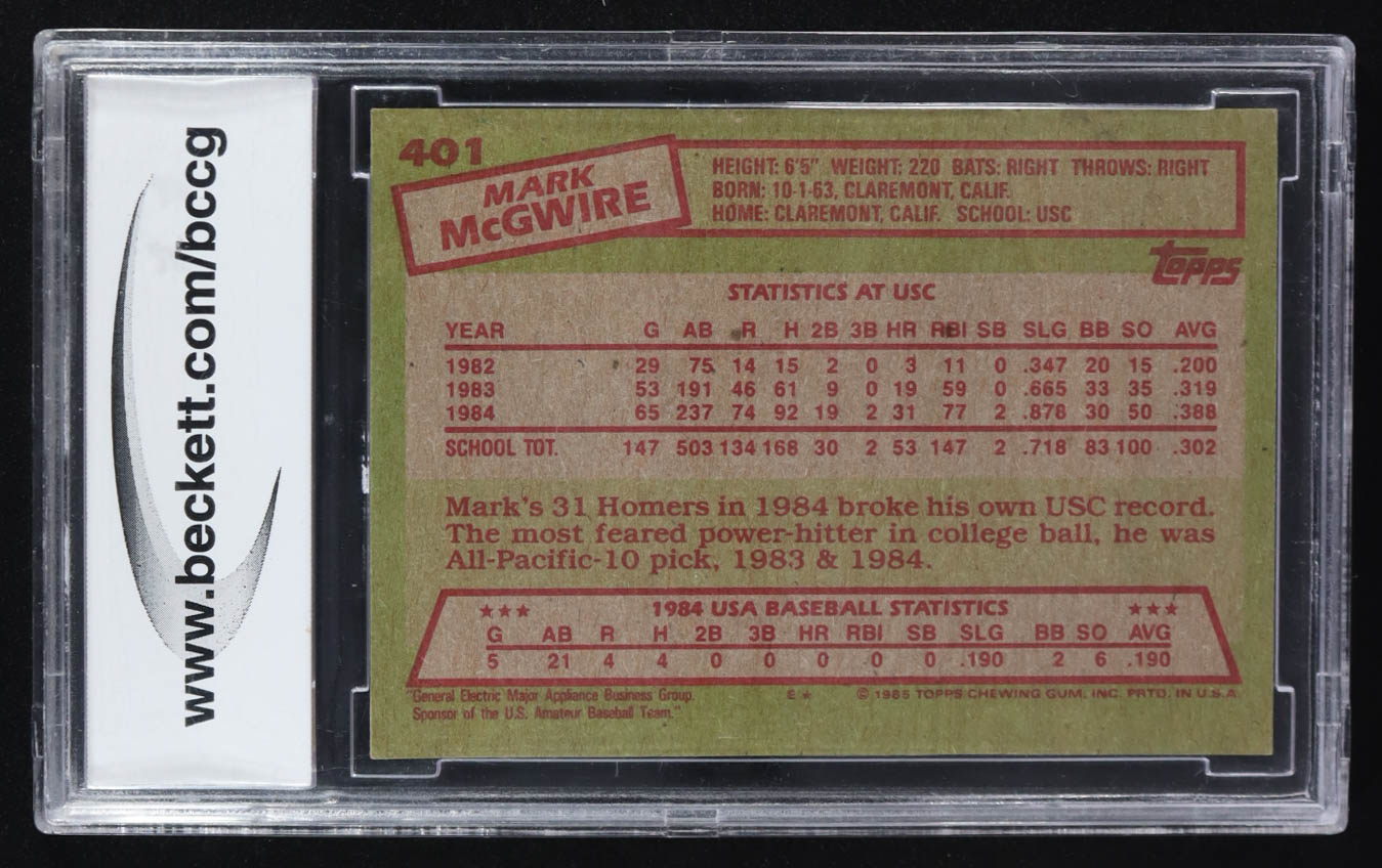 Mark McGwire 1985 Topps OLY #401 RC (BCCG 5) at PristineAuction.com Mark McGwire 1985 Topps OLY #401 RC (BCCG 5) at PristineAuction.com