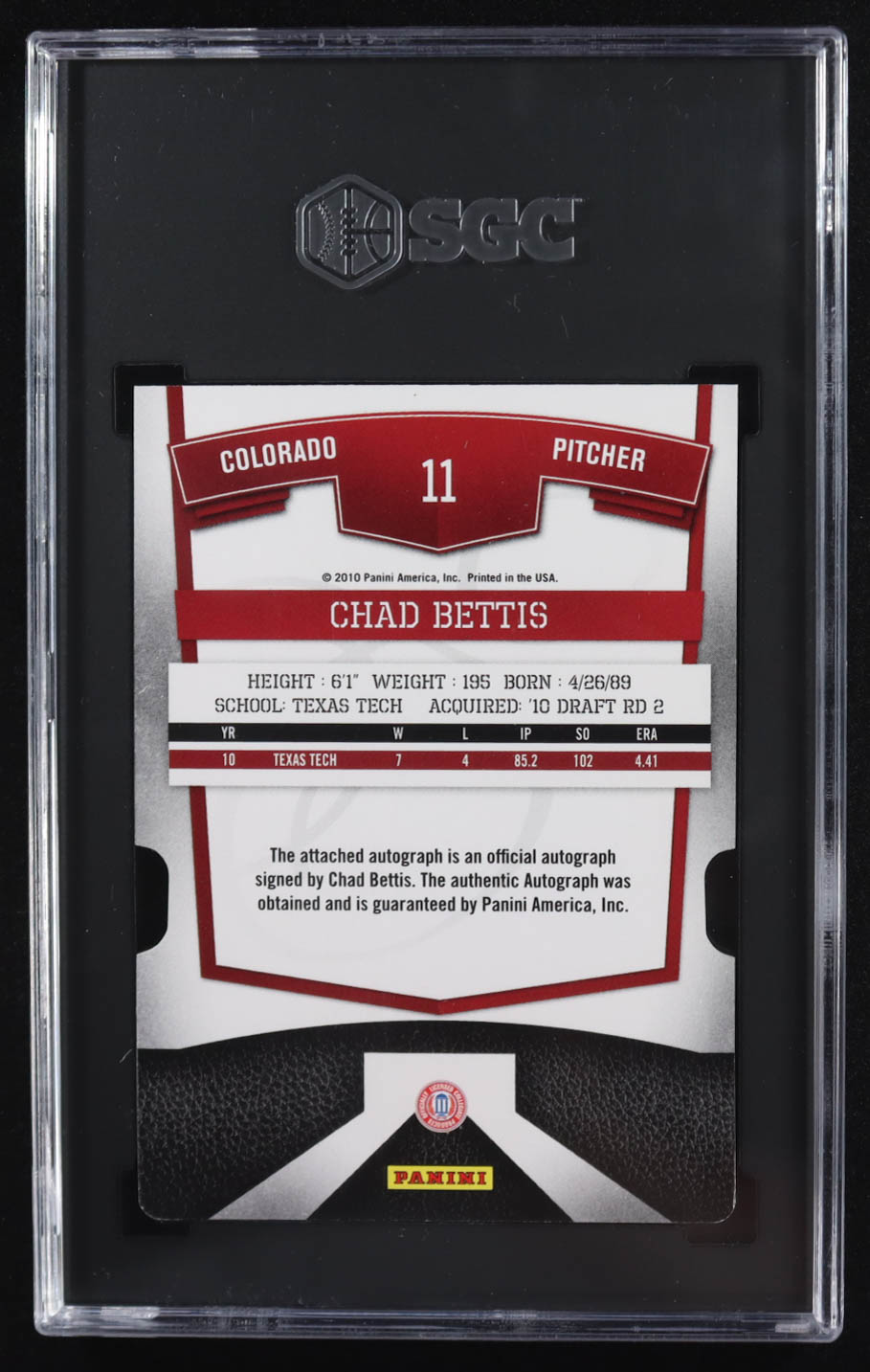 Chad Bettis 2010 Donruss Elite Extra Edition Autographs Aspirations #11 #004/100 (SGC 8 | Autograph Graded SGC 10) at PristineAuction.com Chad Bettis 2010 Donruss Elite Extra Edition Autographs Aspirations #11 #004/100 (SGC 8 | Autograph Graded SGC 10) at PristineAuction.com