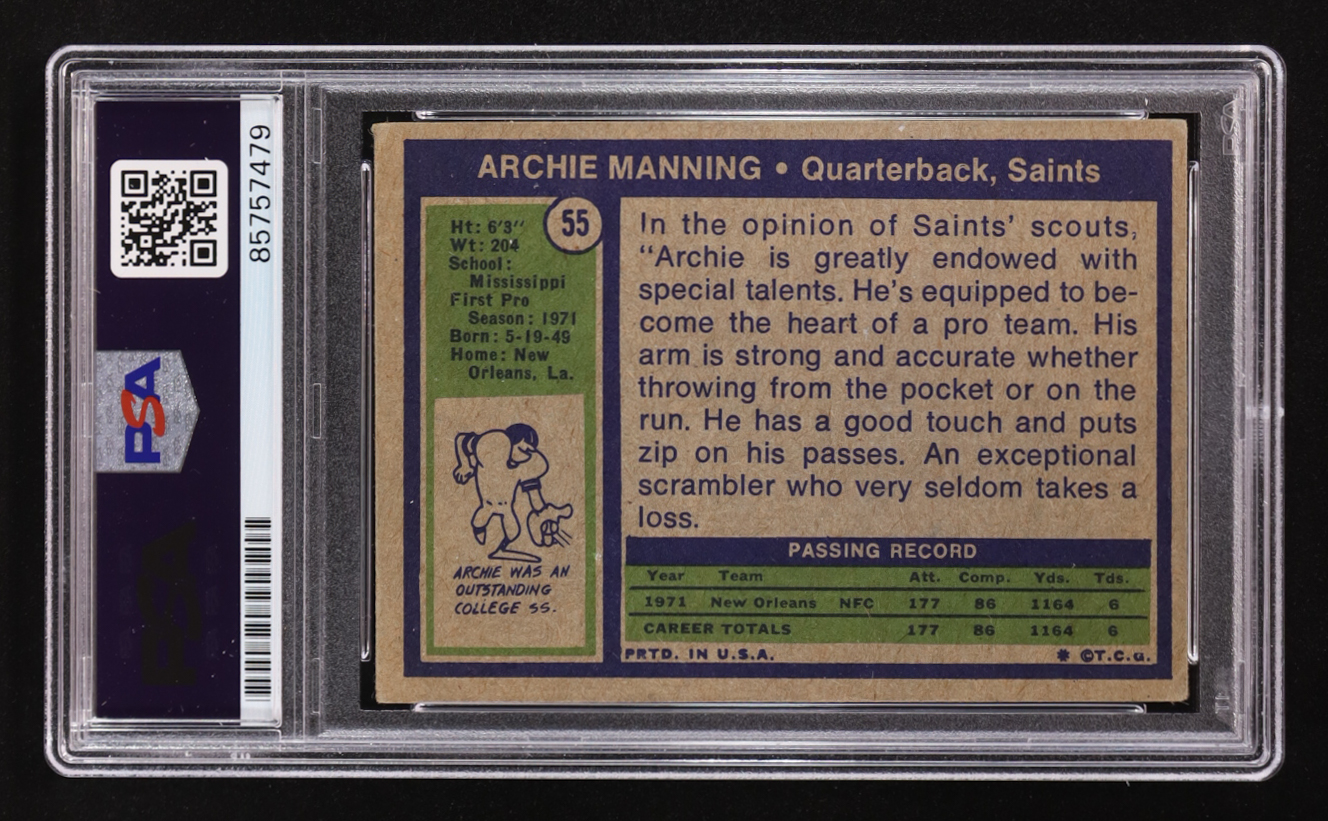 Archie Manning Signed 1972 Topps #55 RC (PSA) at PristineAuction.com Archie Manning Signed 1972 Topps #55 RC (PSA) at PristineAuction.com