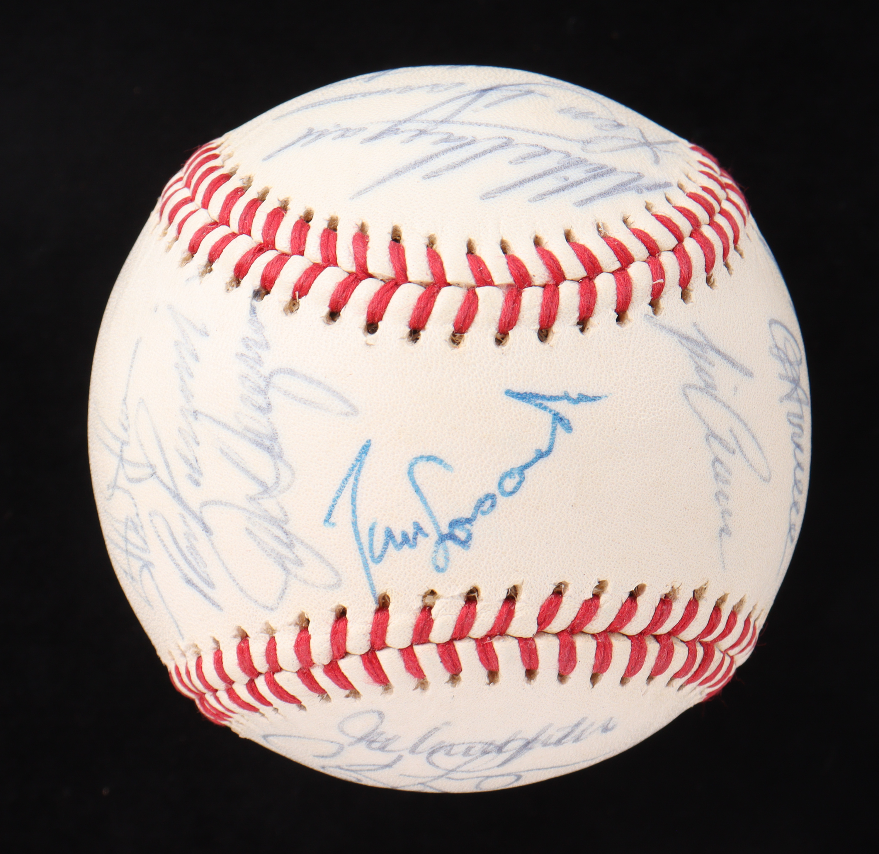 1990 Dodgers Logo Baseball Team-Signed by (23) with Tommy Lasorda, Mickey Hatcher, Ramon Martinez, Kurt Gibson with Multiple Inscriptions (PSA & JSA) at PristineAuction.com 1990 Dodgers Logo Baseball Team-Signed by (23) with Tommy Lasorda, Mickey Hatcher, Ramon Martinez, Kurt Gibson with Multiple Inscriptions (PSA & JSA) at PristineAuction.com