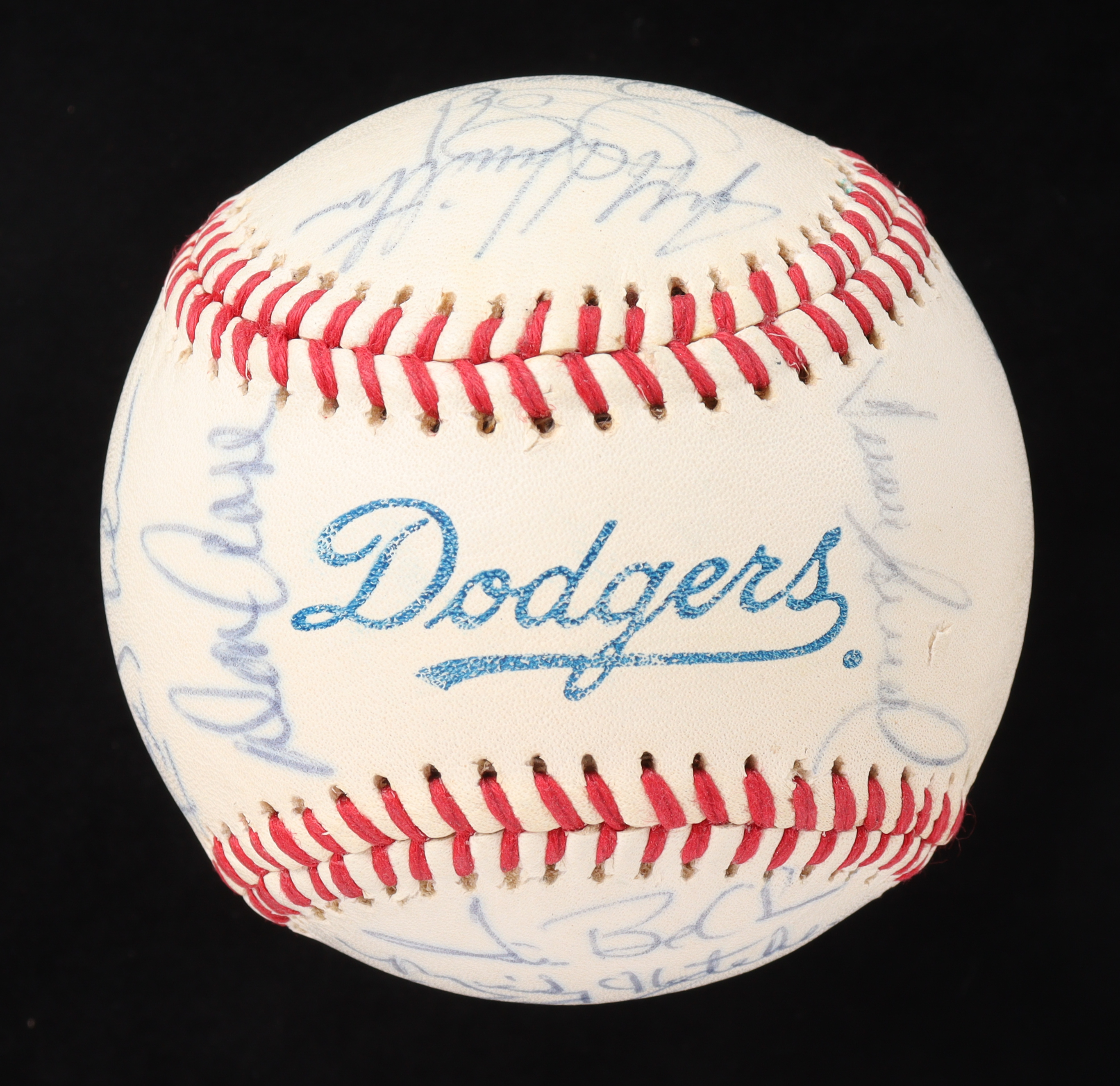 1990 Dodgers Logo Baseball Team-Signed by (23) with Tommy Lasorda, Mickey Hatcher, Ramon Martinez, Kurt Gibson with Multiple Inscriptions (PSA & JSA) at PristineAuction.com 1990 Dodgers Logo Baseball Team-Signed by (23) with Tommy Lasorda, Mickey Hatcher, Ramon Martinez, Kurt Gibson with Multiple Inscriptions (PSA & JSA) at PristineAuction.com