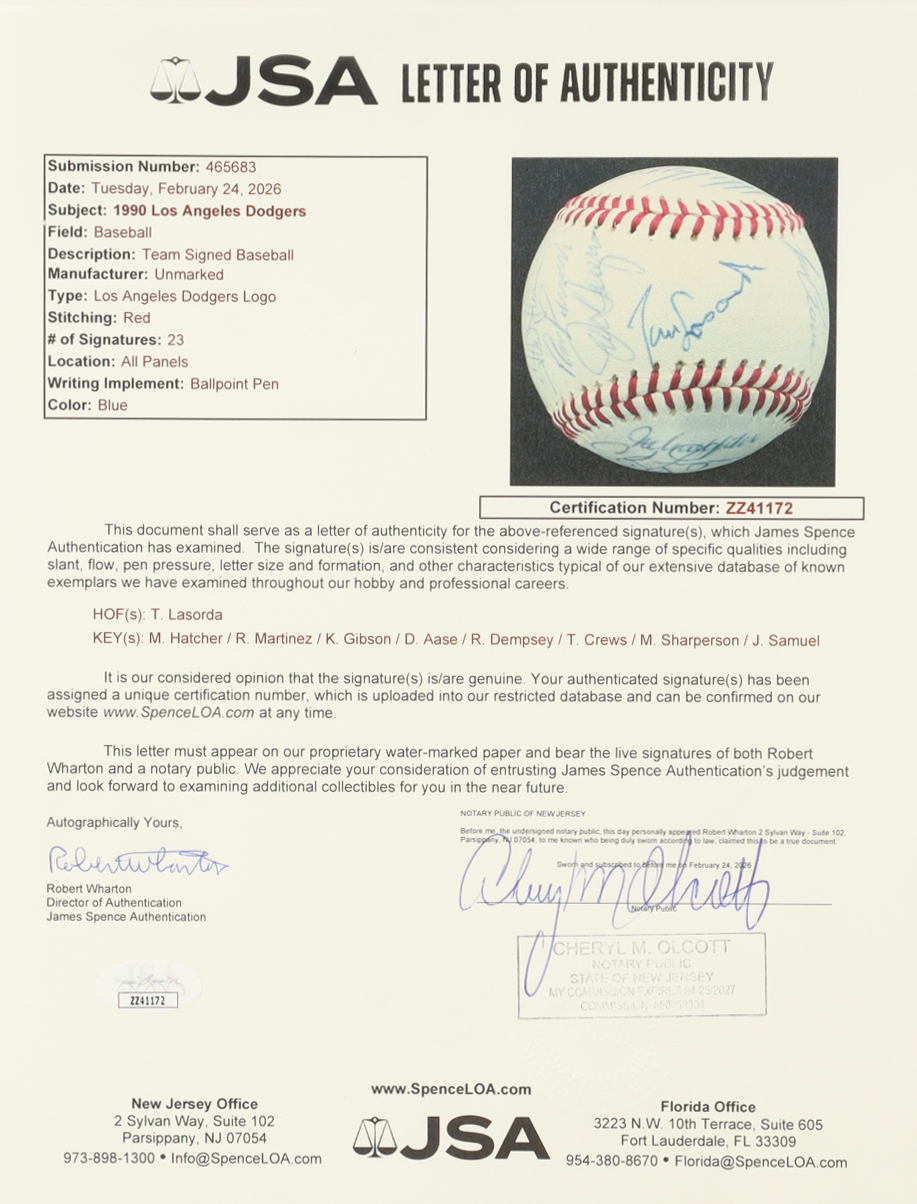 1990 Dodgers Logo Baseball Team-Signed by (23) with Tommy Lasorda, Mickey Hatcher, Ramon Martinez, Kurt Gibson with Multiple Inscriptions (PSA & JSA) at PristineAuction.com 1990 Dodgers Logo Baseball Team-Signed by (23) with Tommy Lasorda, Mickey Hatcher, Ramon Martinez, Kurt Gibson with Multiple Inscriptions (PSA & JSA) at PristineAuction.com