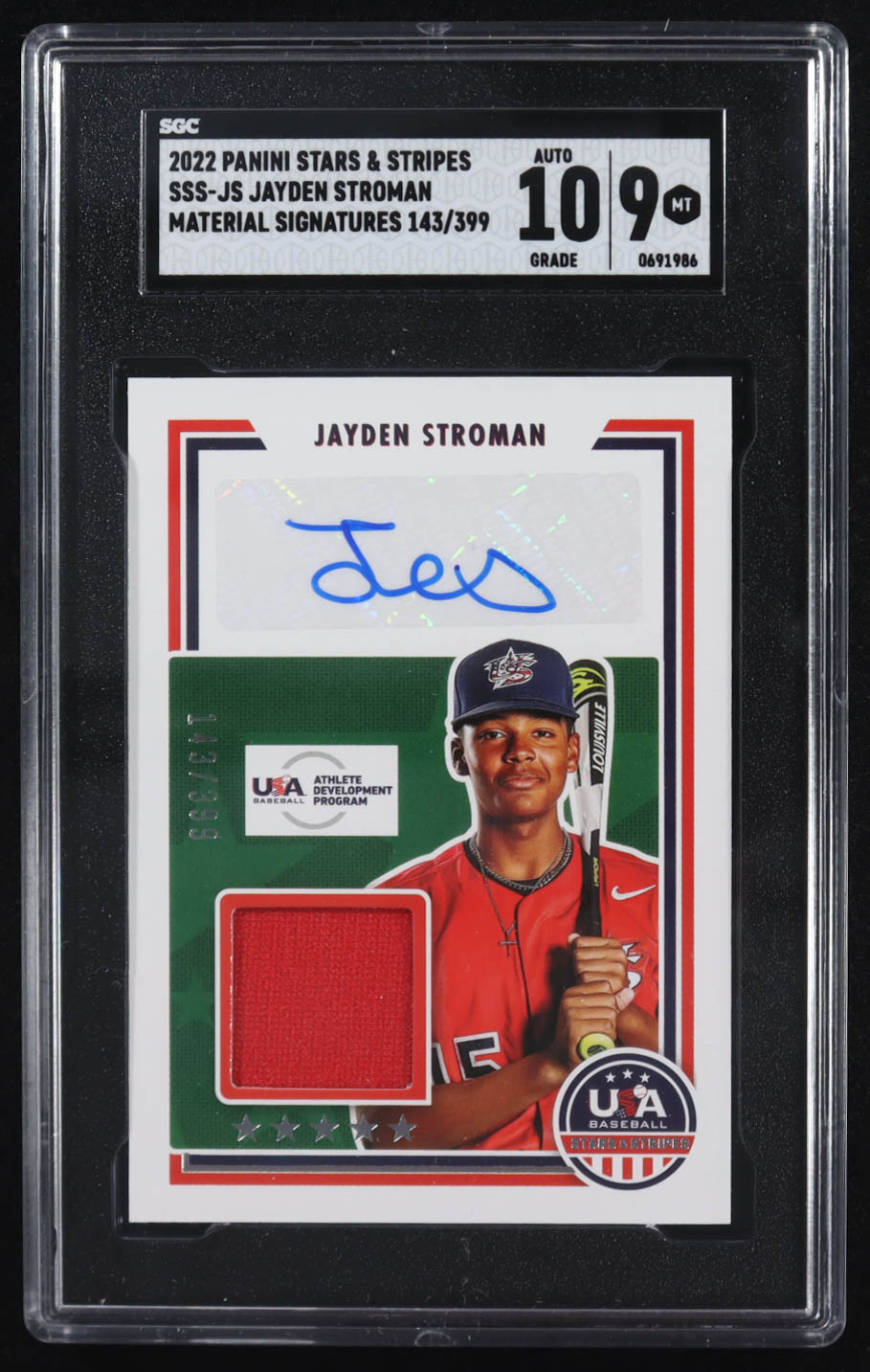 Jayden Stroman 2022 USA Baseball Stars and Stripes Stars and Stripes Material Autographs Game-Worn #31 #143/399 (SGC 9 | Autograph Graded SGC 10) at PristineAuction.com Jayden Stroman 2022 USA Baseball Stars and Stripes Stars and Stripes Material Autographs Game-Worn #31 #143/399 (SGC 9 | Autograph Graded SGC 10) at PristineAuction.com