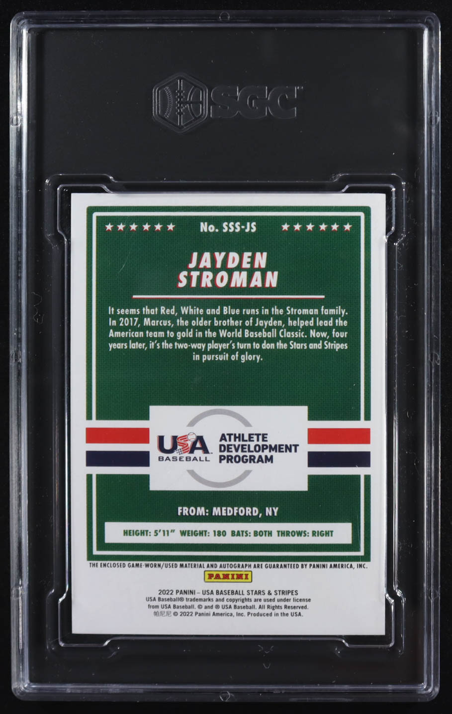 Jayden Stroman 2022 USA Baseball Stars and Stripes Stars and Stripes Material Autographs Game-Worn #31 #143/399 (SGC 9 | Autograph Graded SGC 10) at PristineAuction.com Jayden Stroman 2022 USA Baseball Stars and Stripes Stars and Stripes Material Autographs Game-Worn #31 #143/399 (SGC 9 | Autograph Graded SGC 10) at PristineAuction.com