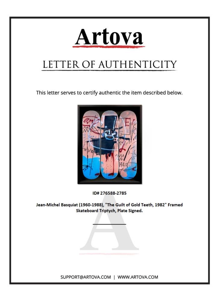 "The Guilt of Gold Teeth, 1982" Custom Framed Skateboard Triptych by Jean-Michel Basquiat (Artova) at PristineAuction.com "The Guilt of Gold Teeth, 1982" Custom Framed Skateboard Triptych by Jean-Michel Basquiat (Artova) at PristineAuction.com