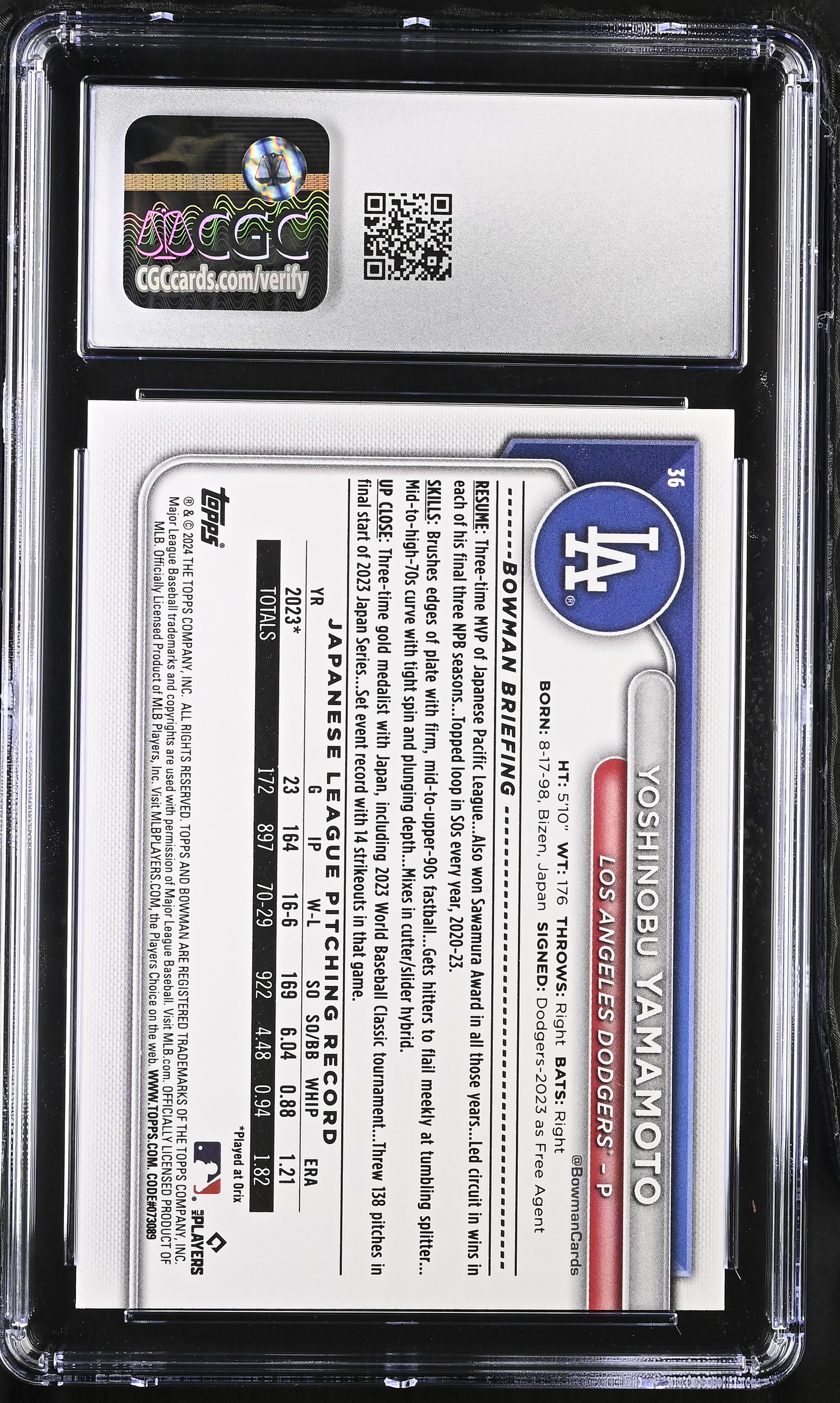 Yoshinobu Yamamoto 2024 Bowman #36 RC (CGC 10) at PristineAuction.com Yoshinobu Yamamoto 2024 Bowman #36 RC (CGC 10) at PristineAuction.com