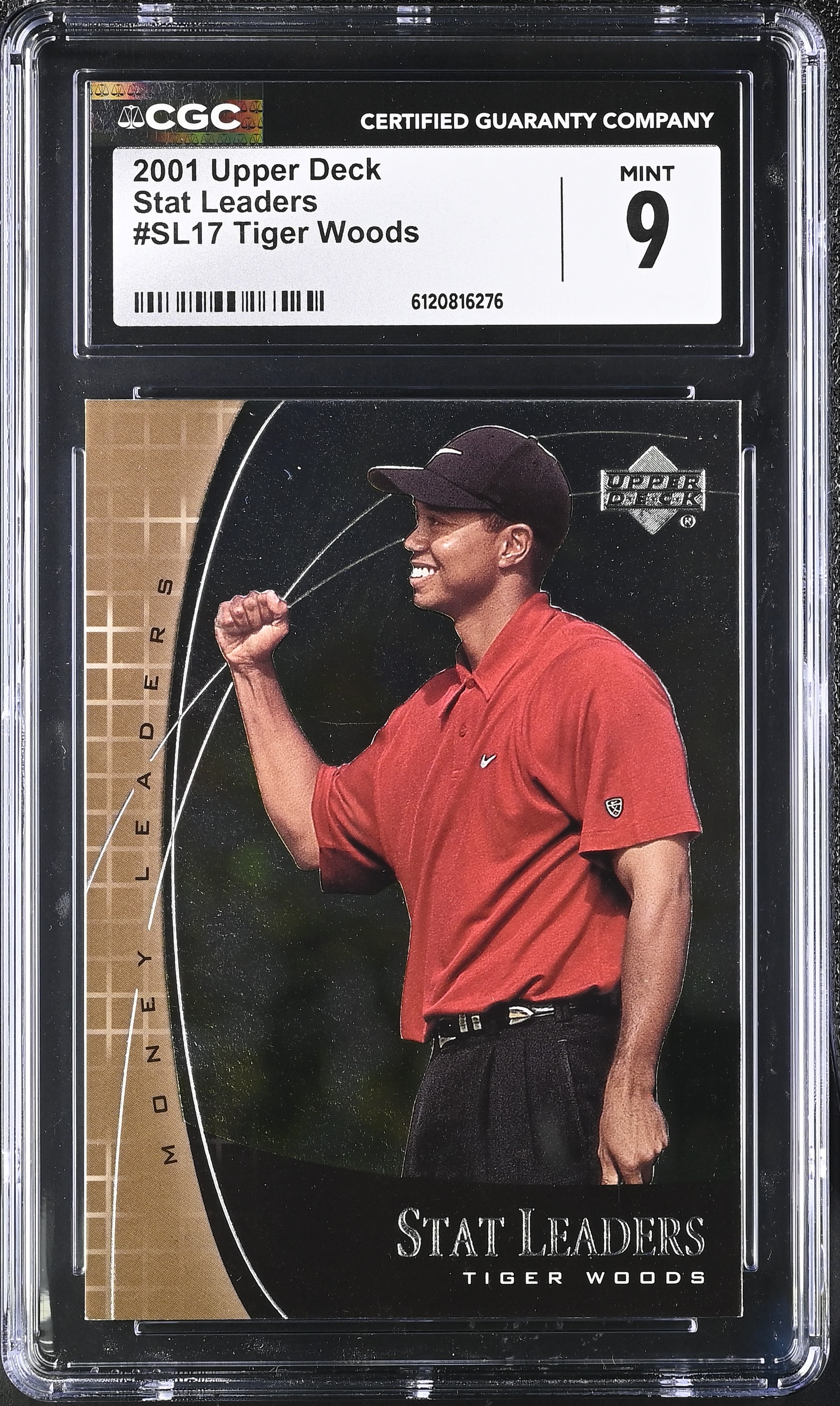 Tiger Woods 2001 Upper Deck Stat Leaders #SL17 RC (CGC 9) at PristineAuction.com Tiger Woods 2001 Upper Deck Stat Leaders #SL17 RC (CGC 9) at PristineAuction.com
