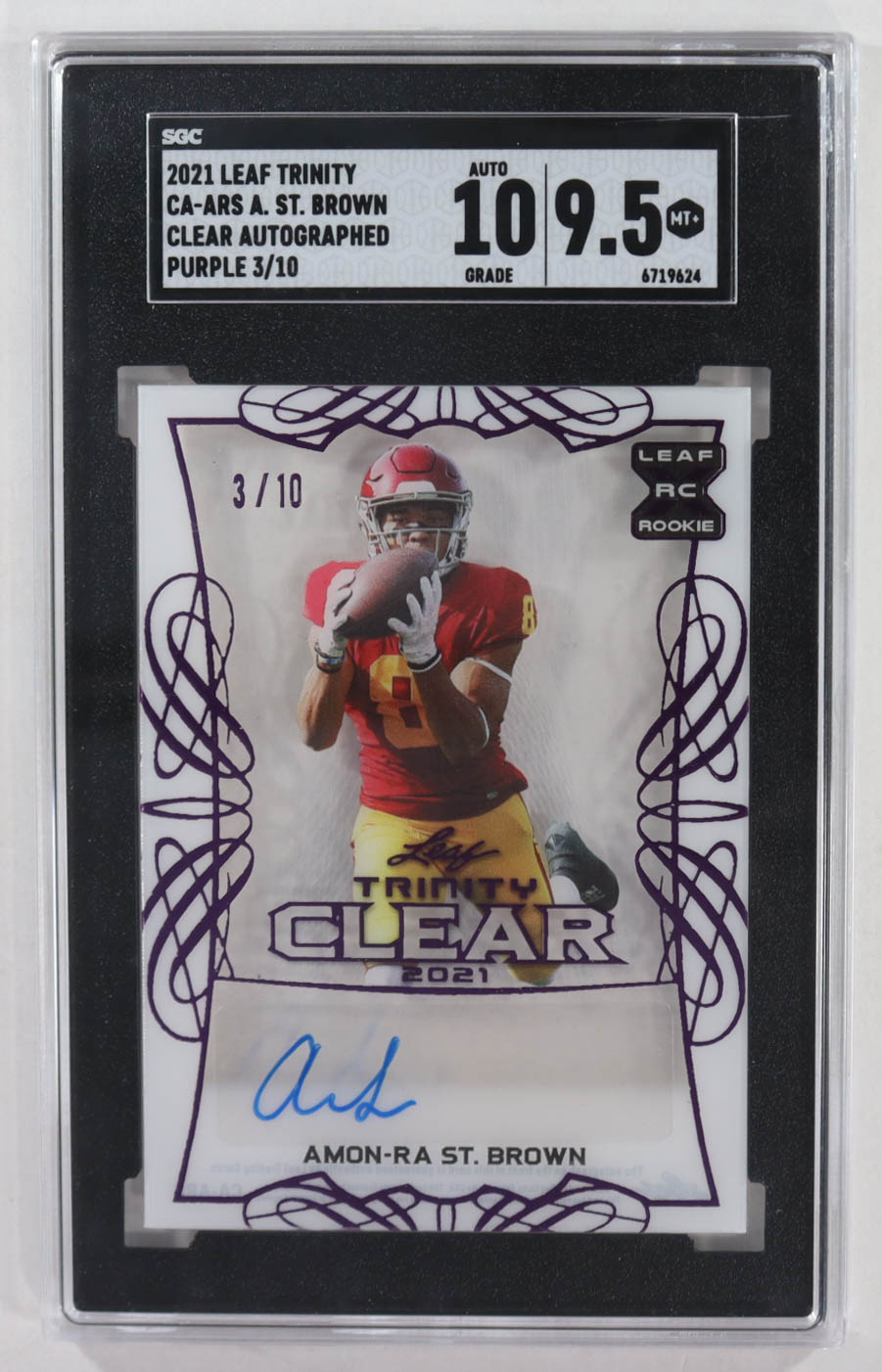 Amon-Ra St. Brown 2021 Leaf Trinity Clear Autographs Purple #CAARS #3/10 RC (SGC 9.5 | Autograph Graded SGC 10) at PristineAuction.com Amon-Ra St. Brown 2021 Leaf Trinity Clear Autographs Purple #CAARS #3/10 RC (SGC 9.5 | Autograph Graded SGC 10) at PristineAuction.com