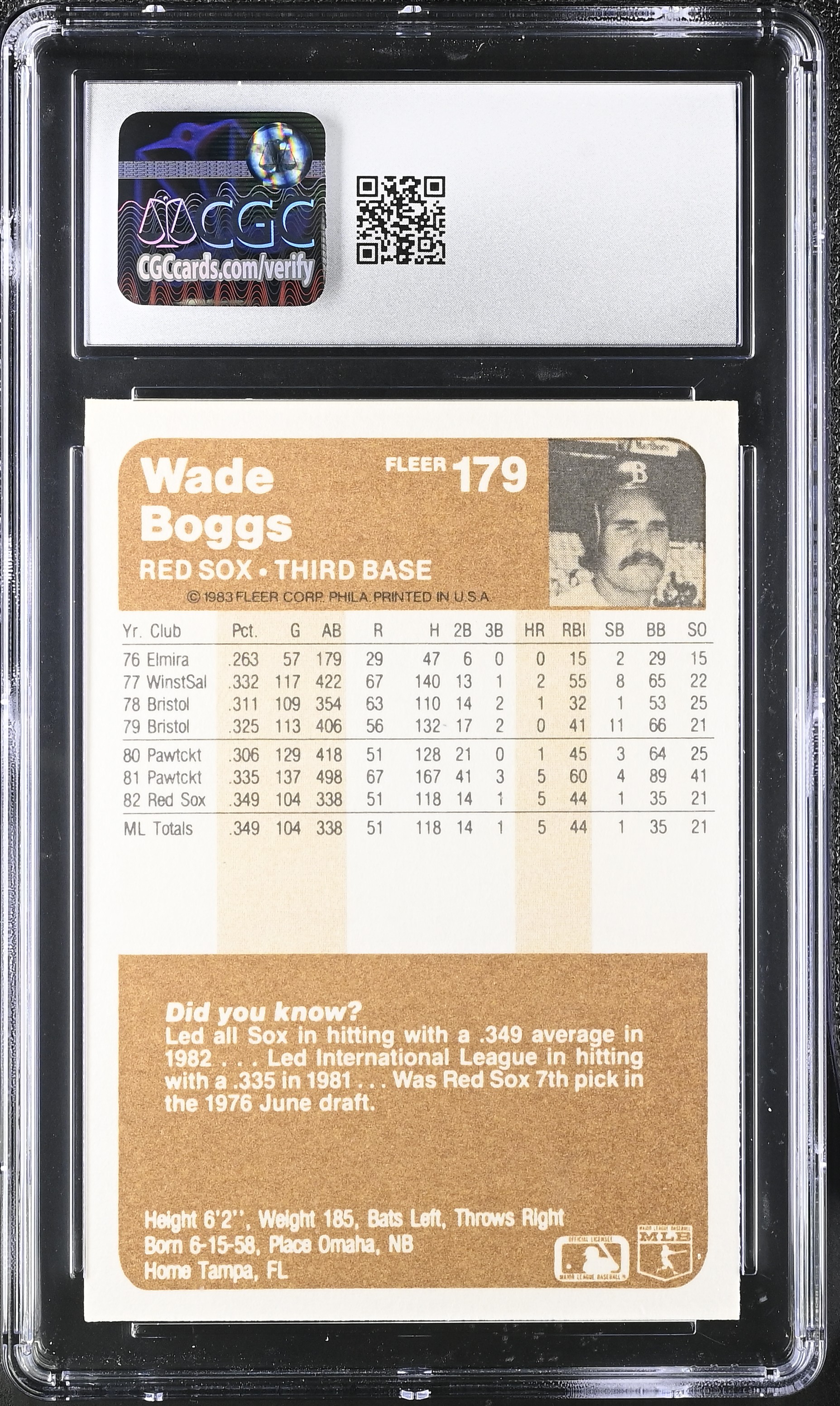 Wade Boggs 1983 Fleer #179 RC (CGC 9) at PristineAuction.com Wade Boggs 1983 Fleer #179 RC (CGC 9) at PristineAuction.com
