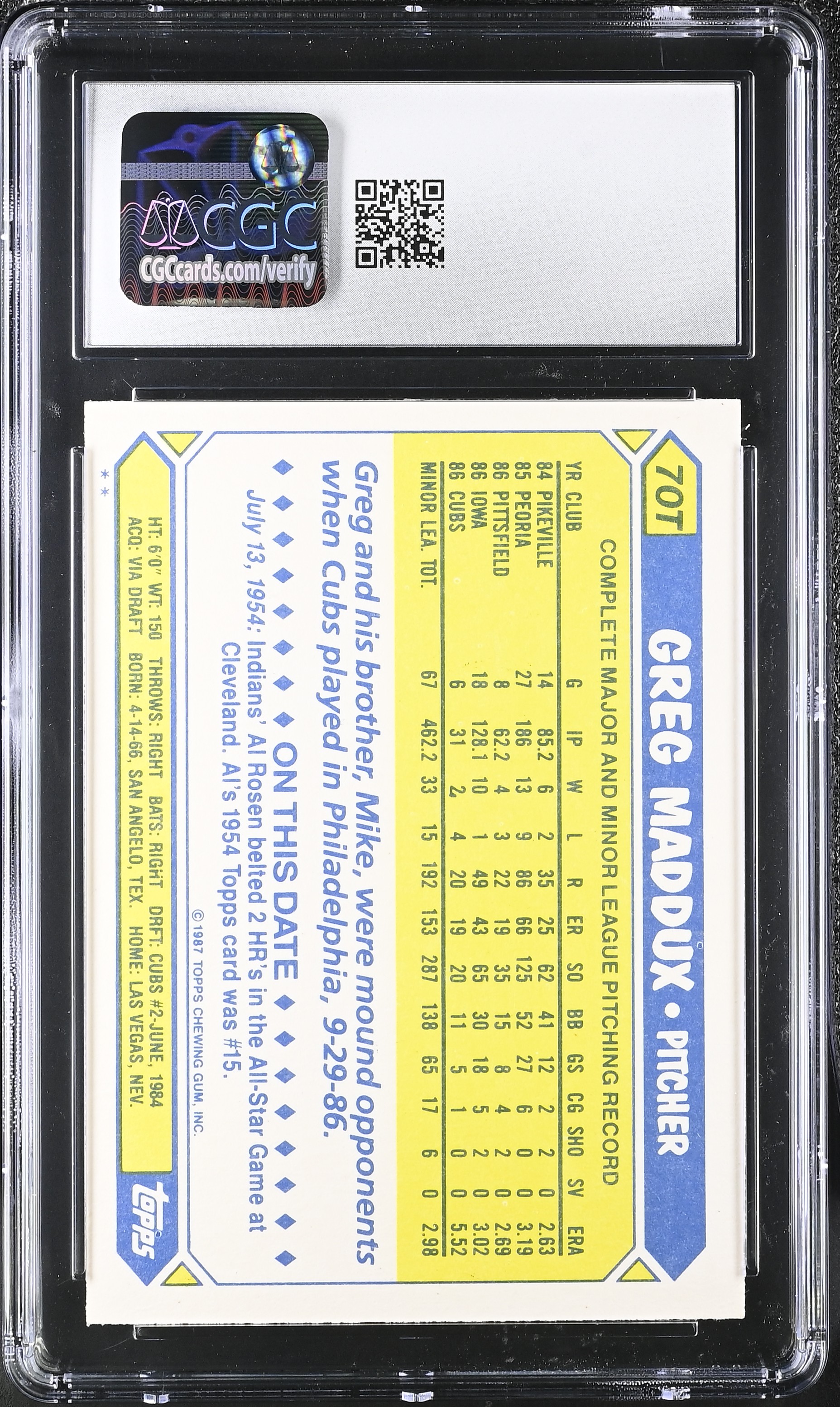 Greg Maddux 1987 Topps Traded #70T XRC (CGC 9) at PristineAuction.com Greg Maddux 1987 Topps Traded #70T XRC (CGC 9) at PristineAuction.com