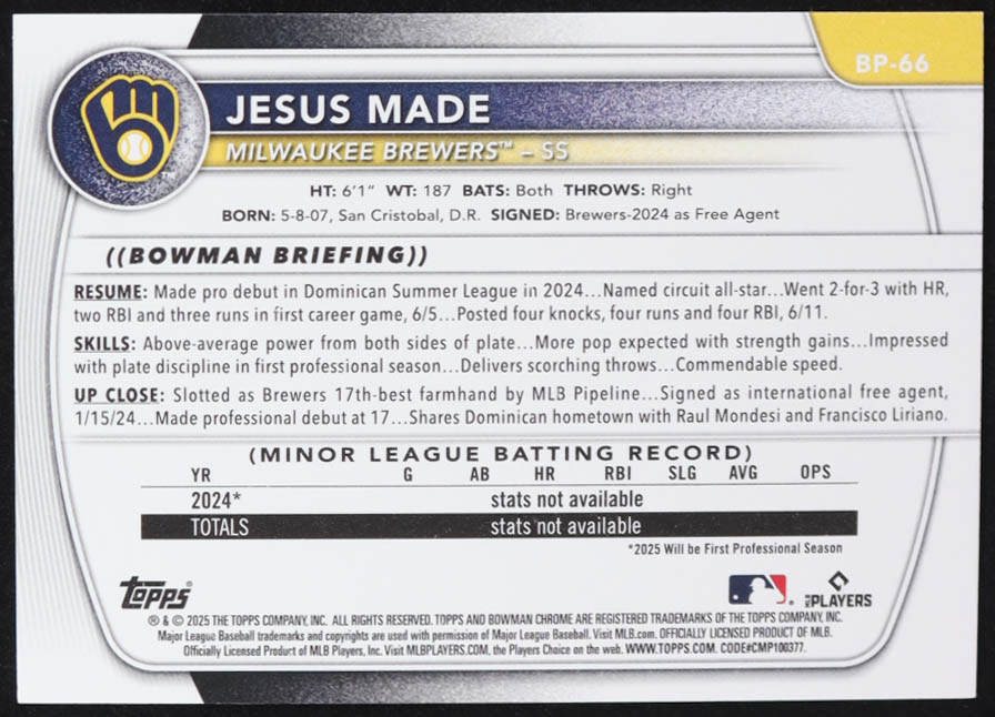 Jesus Made 2025 Bowman Prospects #BP66 RC at PristineAuction.com Jesus Made 2025 Bowman Prospects #BP66 RC at PristineAuction.com