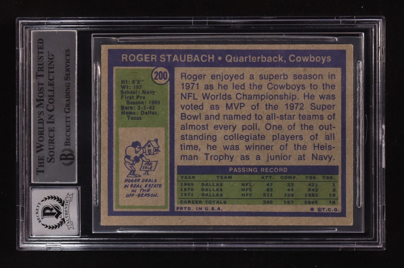 Roger Staubach Signed 1972 Topps #200 (BGS | Autograph Graded BGS 10) at PristineAuction.com Roger Staubach Signed 1972 Topps #200 (BGS | Autograph Graded BGS 10) at PristineAuction.com