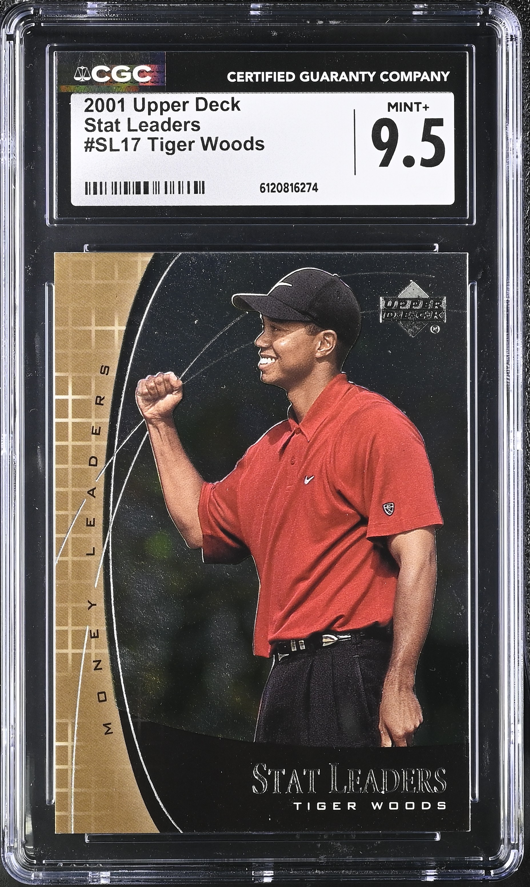 Tiger Woods 2001 Upper Deck Stat Leaders #SL17 RC (CGC 9.5) at PristineAuction.com Tiger Woods 2001 Upper Deck Stat Leaders #SL17 RC (CGC 9.5) at PristineAuction.com