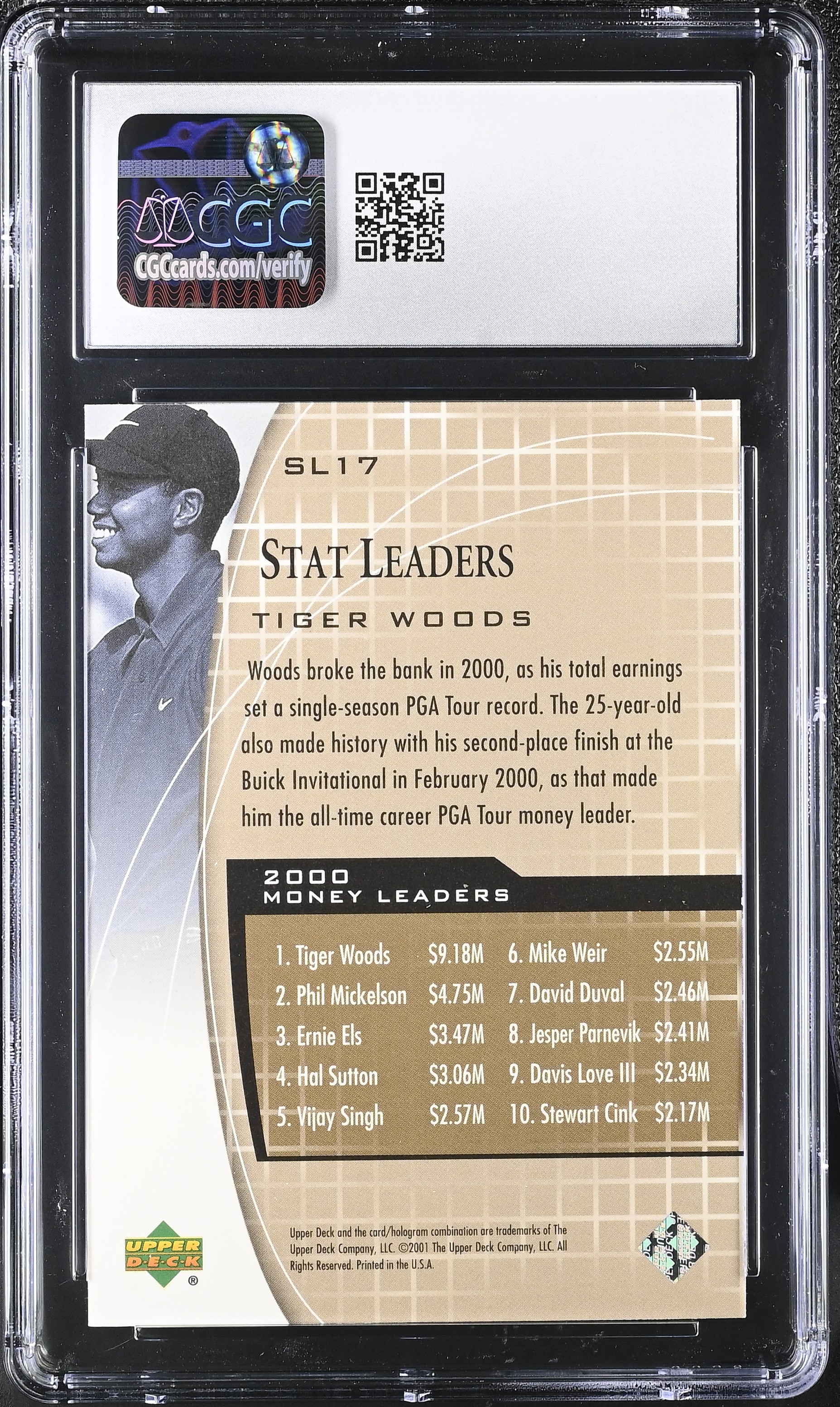 Tiger Woods 2001 Upper Deck Stat Leaders #SL17 RC (CGC 9.5) at PristineAuction.com Tiger Woods 2001 Upper Deck Stat Leaders #SL17 RC (CGC 9.5) at PristineAuction.com