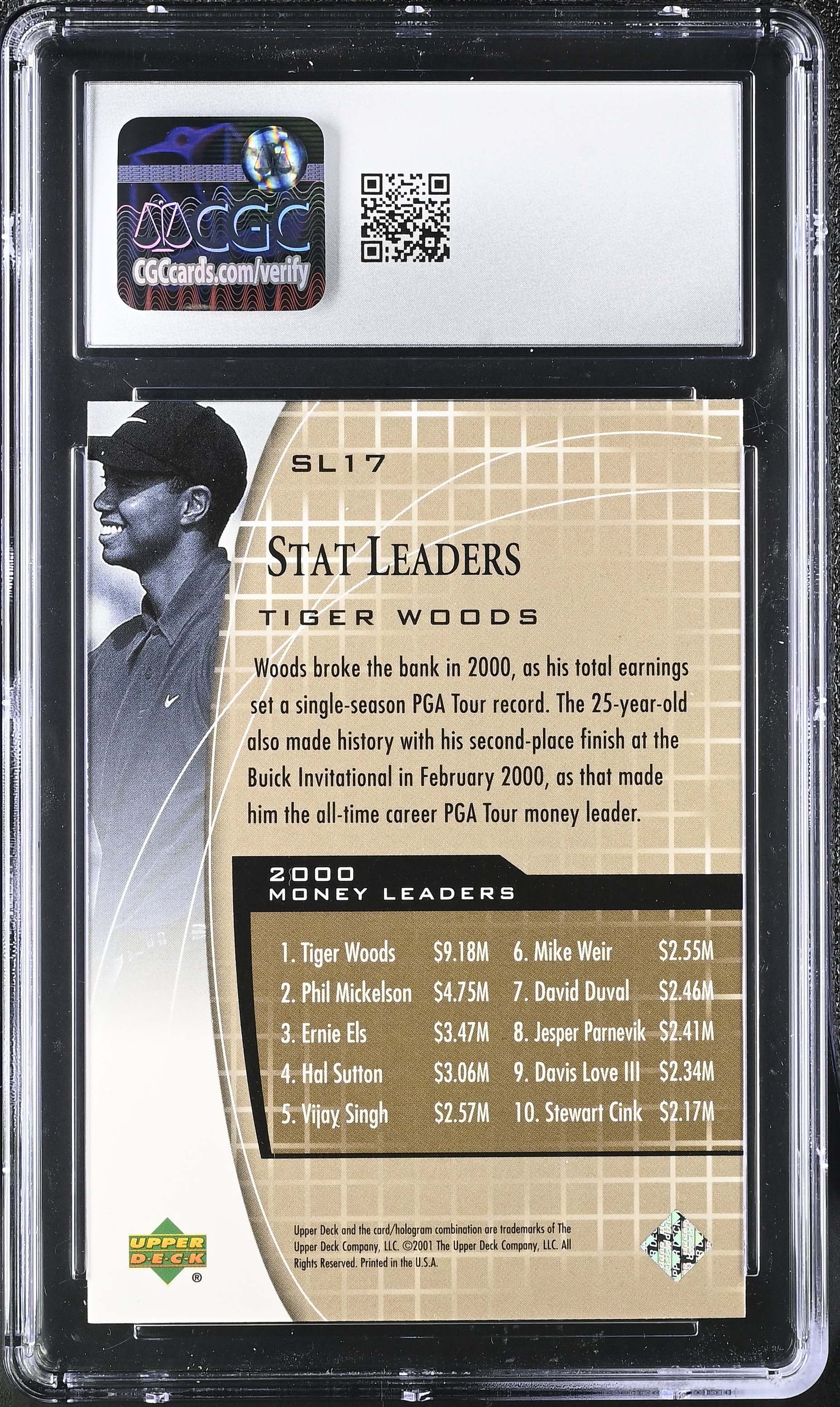Tiger Woods 2001 Upper Deck Stat Leaders #SL17 RC (CGC 9.5) at PristineAuction.com Tiger Woods 2001 Upper Deck Stat Leaders #SL17 RC (CGC 9.5) at PristineAuction.com