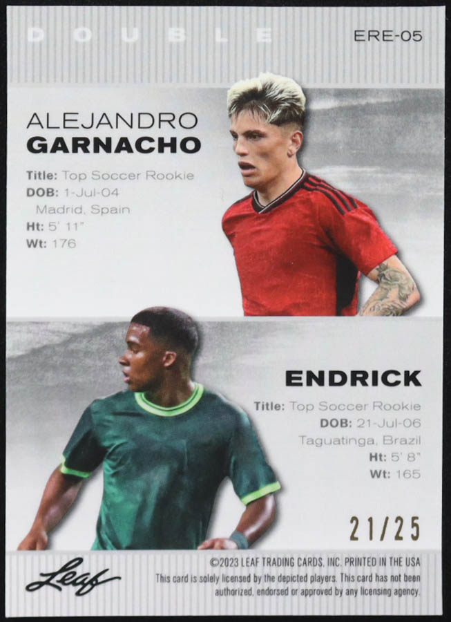 Alejandro Garnacho / Endrick 2023 Leaf Special Release Exclusive Rookie Edition Double Silver #ERE05 RC #21/25 at PristineAuction.com Alejandro Garnacho / Endrick 2023 Leaf Special Release Exclusive Rookie Edition Double Silver #ERE05 RC #21/25 at PristineAuction.com