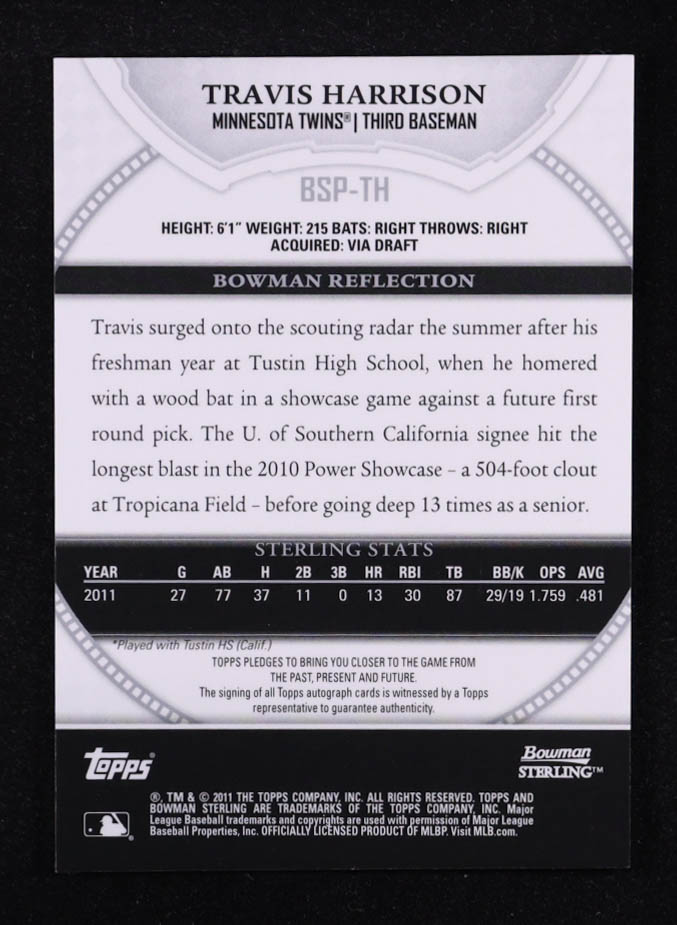 Travis Harrison 2011 Bowman Sterling Prospect Autographs #TH at PristineAuction.com Travis Harrison 2011 Bowman Sterling Prospect Autographs #TH at PristineAuction.com