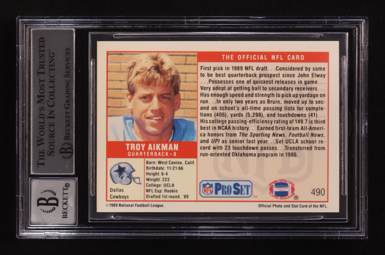 Troy Aikman Signed 1989 Pro Set #490 RC (BGS | Autograph Graded BGS 10) at PristineAuction.com Troy Aikman Signed 1989 Pro Set #490 RC (BGS | Autograph Graded BGS 10) at PristineAuction.com