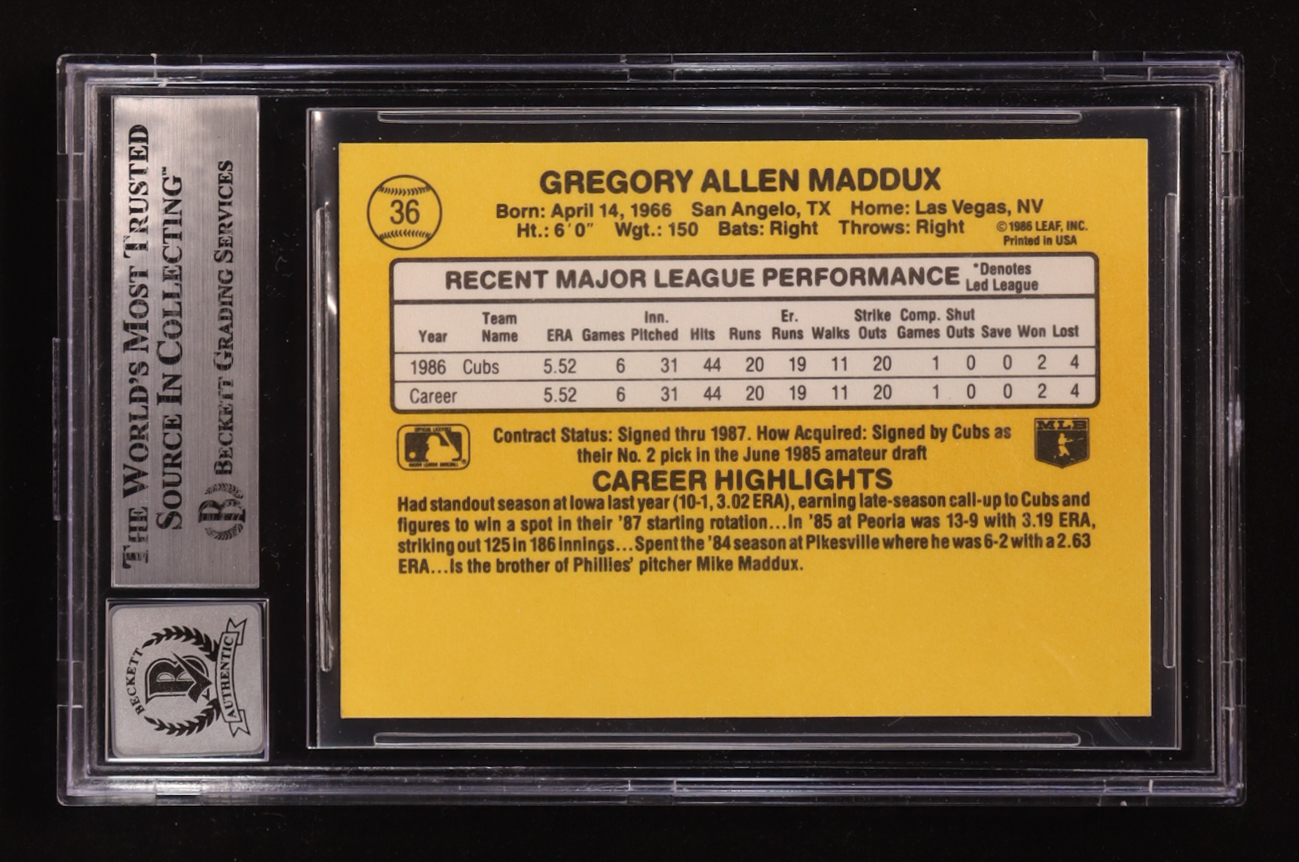 Greg Maddux Signed 1987 Donruss RR #36 RC (BGS | Autograph Graded BGS 10) at PristineAuction.com Greg Maddux Signed 1987 Donruss RR #36 RC (BGS | Autograph Graded BGS 10) at PristineAuction.com