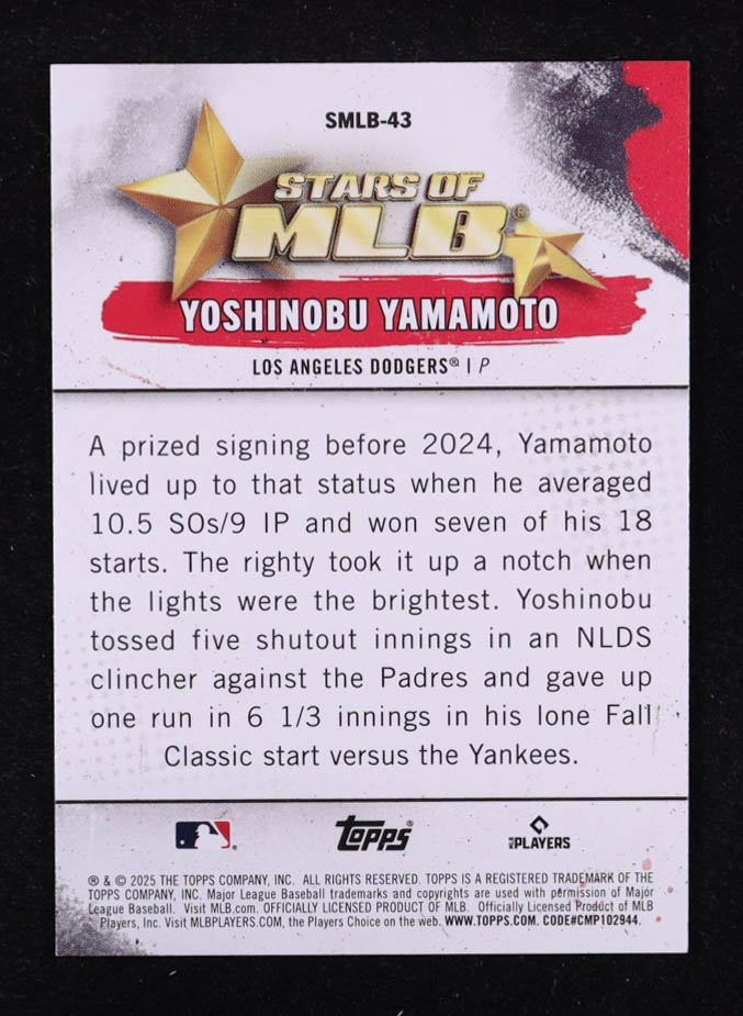 Yoshinobu Yamamoto 2025 Topps Stars Of MLB #SMLB43 at PristineAuction.com Yoshinobu Yamamoto 2025 Topps Stars Of MLB #SMLB43 at PristineAuction.com