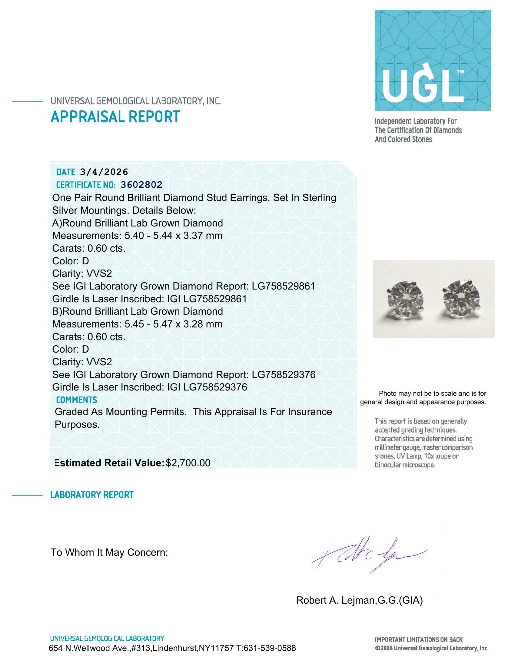 1.20 Carats Lab Grown Diamond Stud Earrings D, VVS2 | $2,700 Estimated Retail Value (UGL & IGI Certs) | Round Ideal Cut| Brand New at PristineAuction.com 1.20 Carats Lab Grown Diamond Stud Earrings D, VVS2 | $2,700 Estimated Retail Value (UGL & IGI Certs) | Round Ideal Cut| Brand New at PristineAuction.com