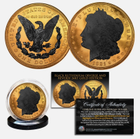 1921 Original AU Morgan 24KT Gold Clad Silver Dollar Coin with 2-Sided Black Ruthenium at PristineAuction.com