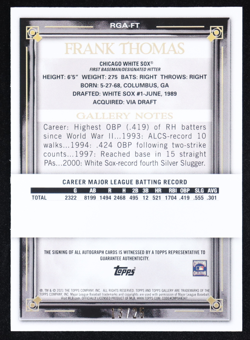 Frank Thomas 2021 Topps Gallery Retired Greats Autographs Orange #RGAFT #13/25 at PristineAuction.com Frank Thomas 2021 Topps Gallery Retired Greats Autographs Orange #RGAFT #13/25 at PristineAuction.com