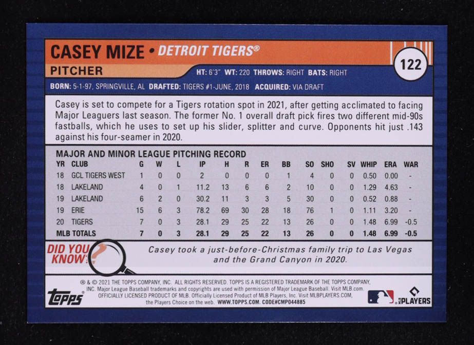 Casey Mize 2021 Topps Big League Blue Foil #122 #11/25 RC at PristineAuction.com Casey Mize 2021 Topps Big League Blue Foil #122 #11/25 RC at PristineAuction.com