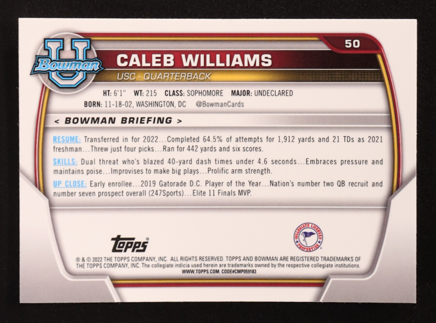 Caleb Williams 2022 Bowman Chrome University Pink Refractors #50 at PristineAuction.com Caleb Williams 2022 Bowman Chrome University Pink Refractors #50 at PristineAuction.com