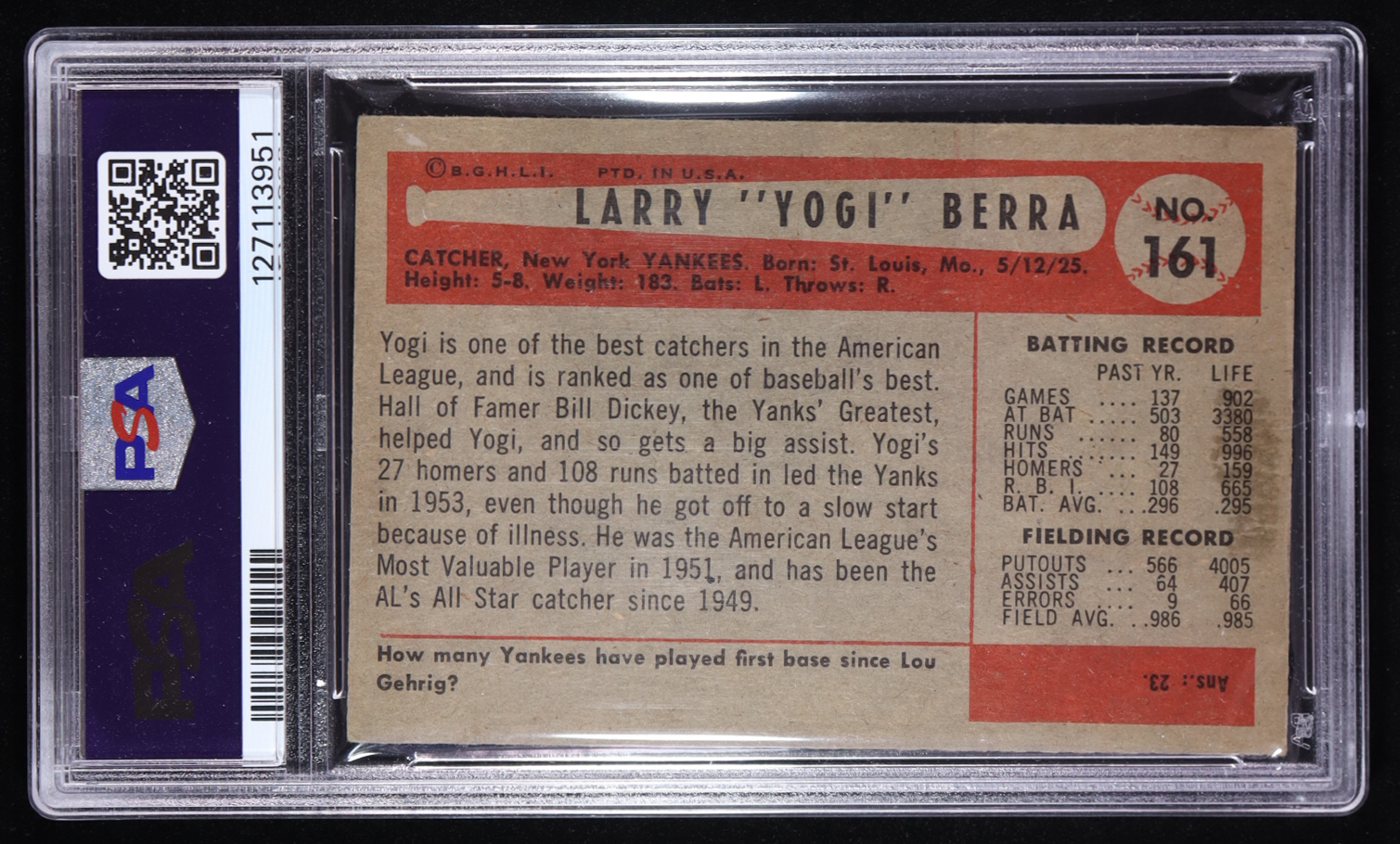 Yogi Berra 1954 Bowman #161 (PSA 5) at PristineAuction.com Yogi Berra 1954 Bowman #161 (PSA 5) at PristineAuction.com