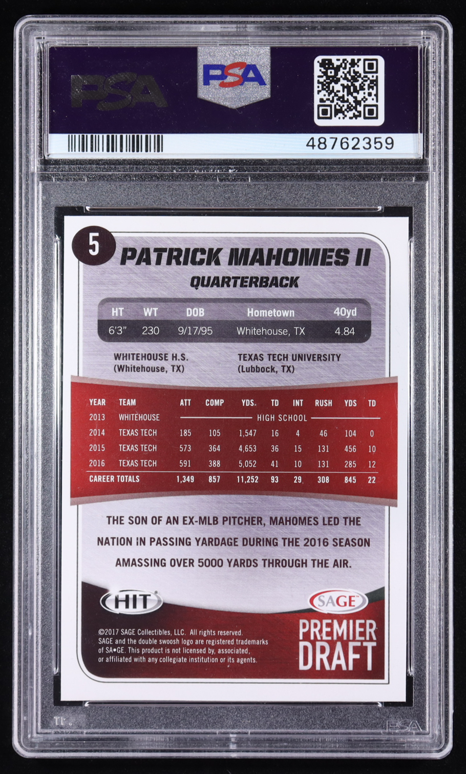 Patrick Mahomes II 2017 SAGE HIT Premier Draft #5 RC (PSA 10) at PristineAuction.com Patrick Mahomes II 2017 SAGE HIT Premier Draft #5 RC (PSA 10) at PristineAuction.com