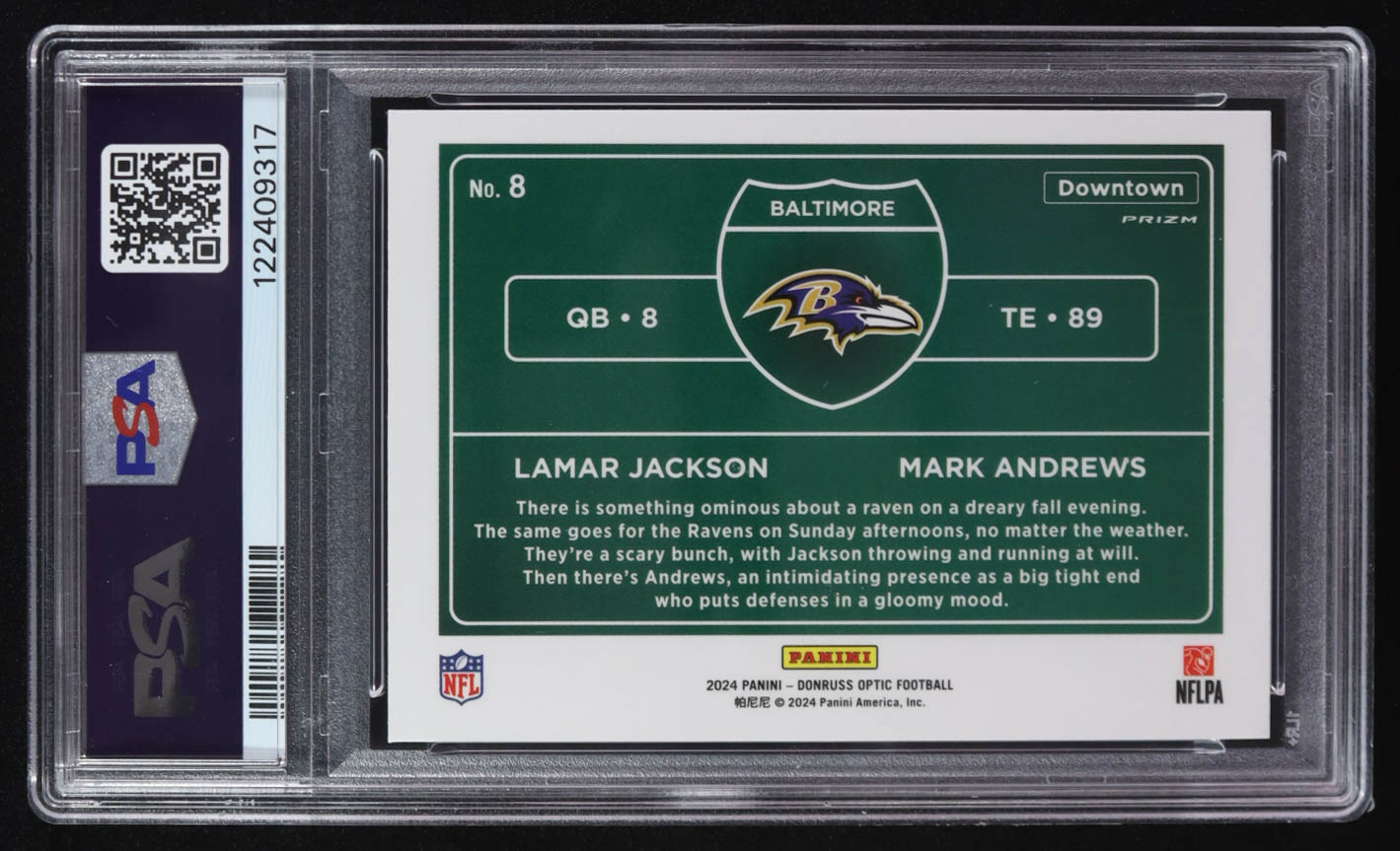 Lamar Jackson / Mark Andrews 2024 Donruss Optic Downtown Duos #8 (PSA 9) at PristineAuction.com Lamar Jackson / Mark Andrews 2024 Donruss Optic Downtown Duos #8 (PSA 9) at PristineAuction.com
